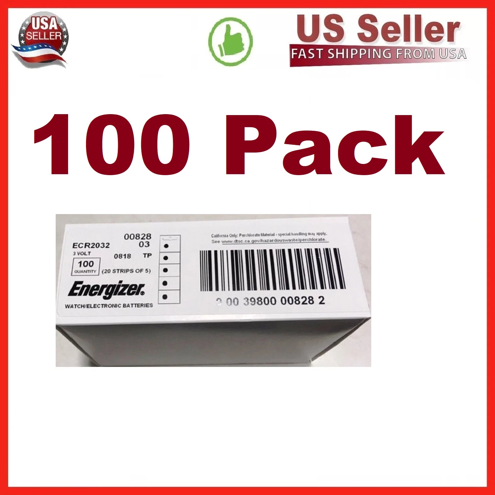 BOX OF 100 ENERGIZER CR2032 WATCH BATTERIES 3V LITHIUM --EXP 2036 w/Tracking