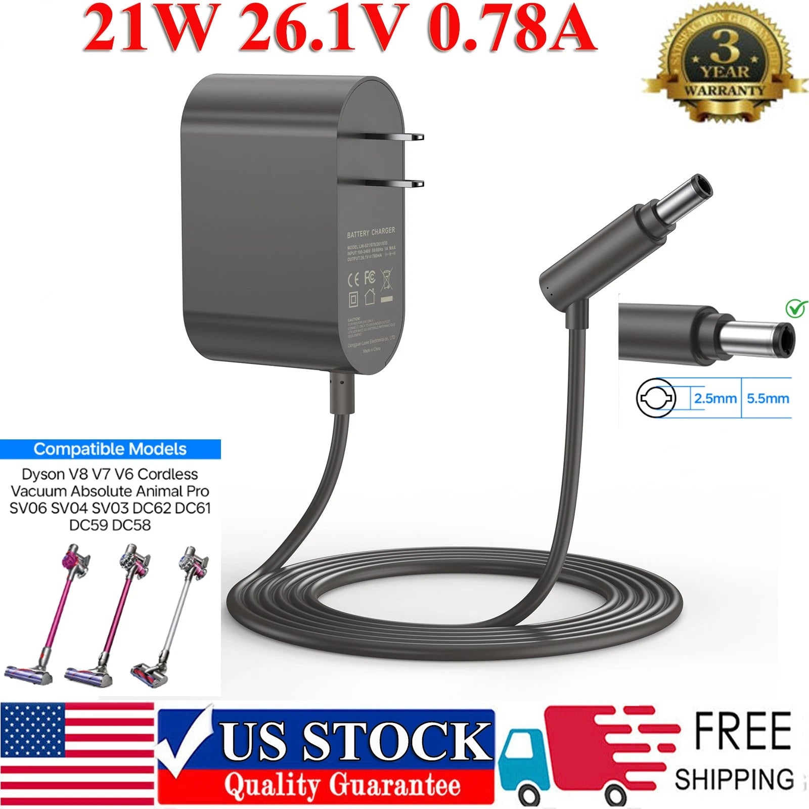 Adapter Charger For Dyson Cordless V6 V7 V8 205720-02 DC58 DC59 DC61 Power Cord