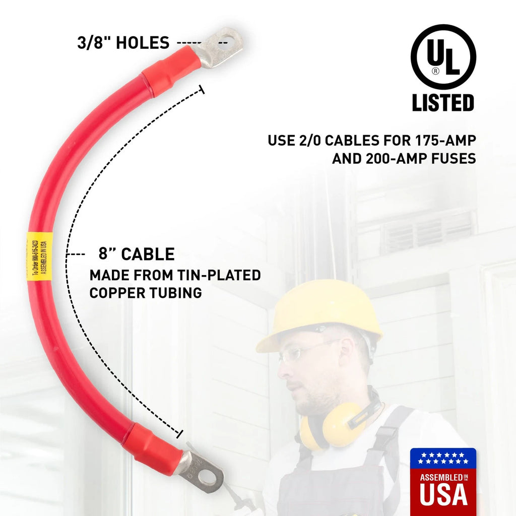 2/0 Red Battery Interconnect Cable 8" with 3/8" Lugs ASSEMBLED IN USA
