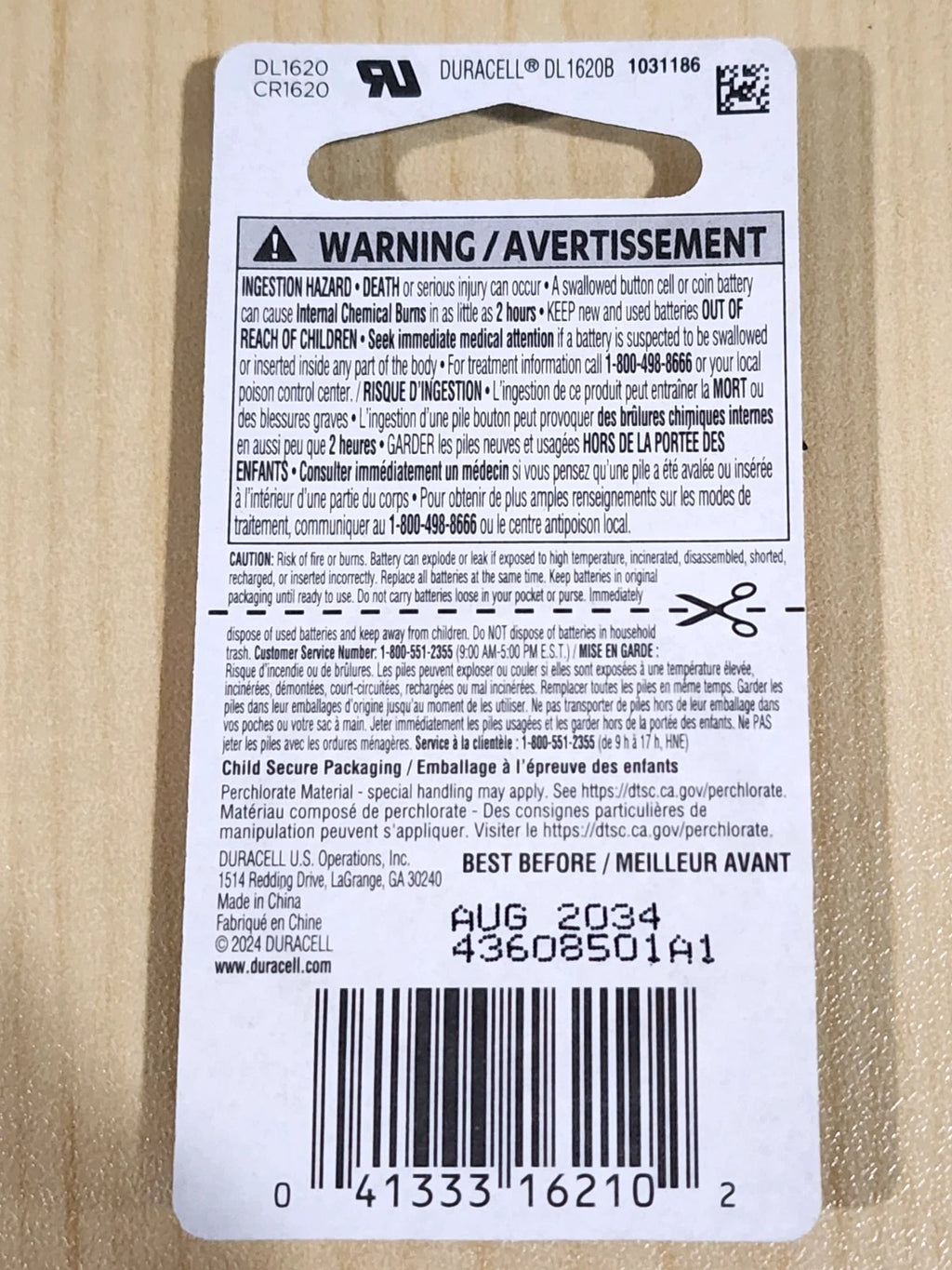2 Pack DURACELL CR1620 ECR1620 3V Coin Cell Lithium Battery Exp. 2034