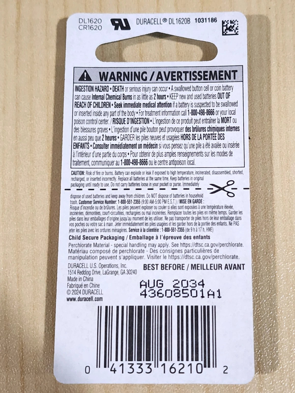 2 Pack DURACELL CR1620 ECR1620 3V Coin Cell Lithium Battery Exp. 2034
