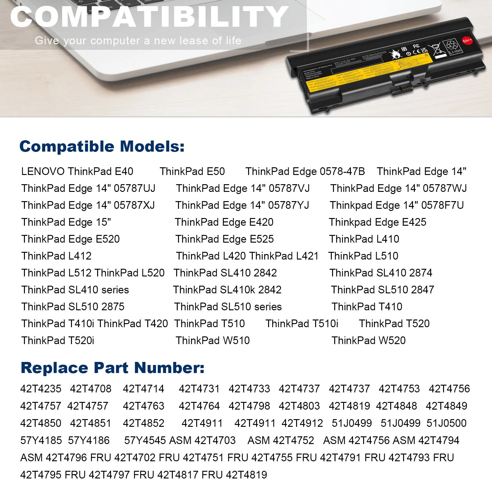 55++ T510 9Cell Battery for Lenovo ThinkPad 55+T410 T420 T520 W510 W520 Notebook
