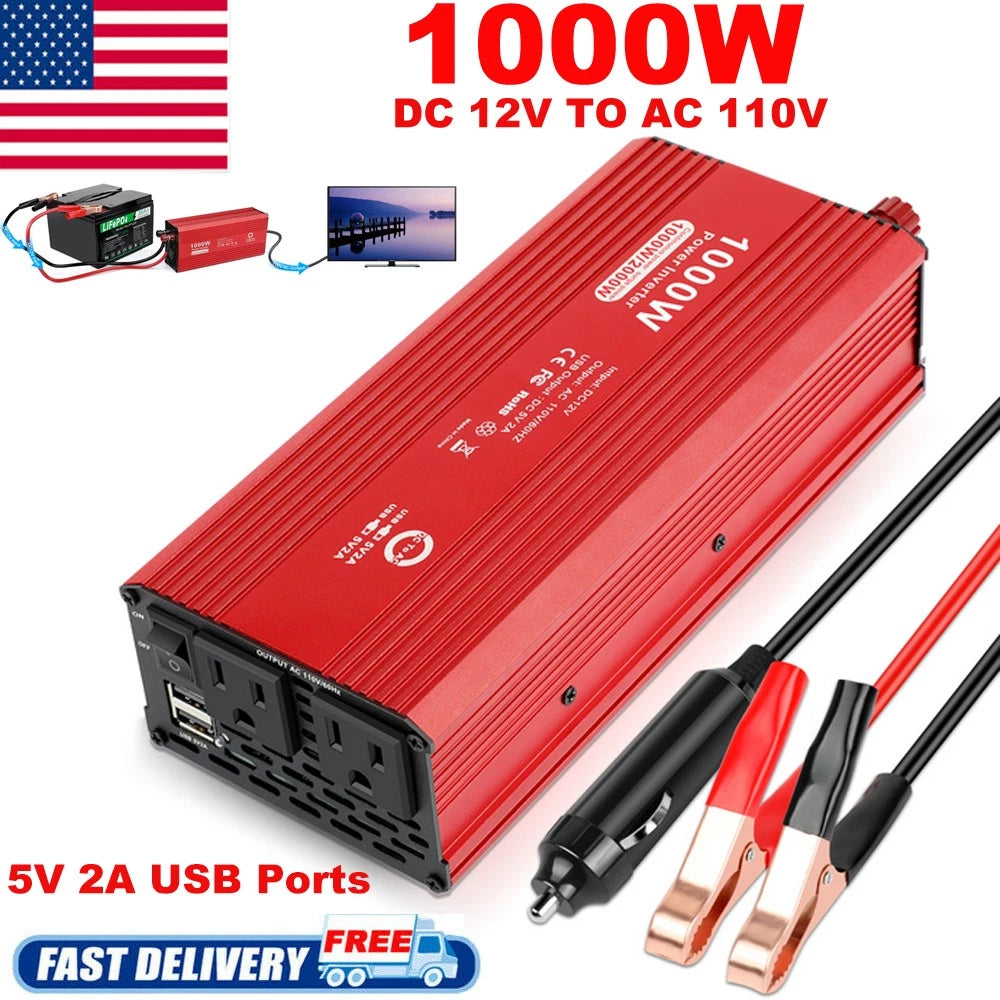 Car Power Inverter DC 12V to AC 110/120V Converter Adapter Charger USB AC Outlet