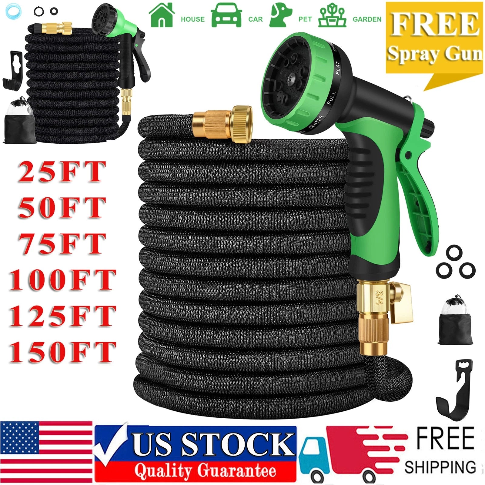 Expandable Flexible Garden Water Hose with 10/8 Function Spray Nozzle 25FT-150FT