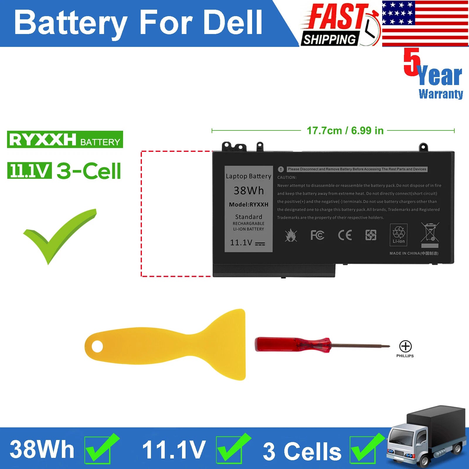 RYXXH Battery for Dell Latitude E5250 E5450 11 3150 3160 Series Type 9P4D2 R5MD0