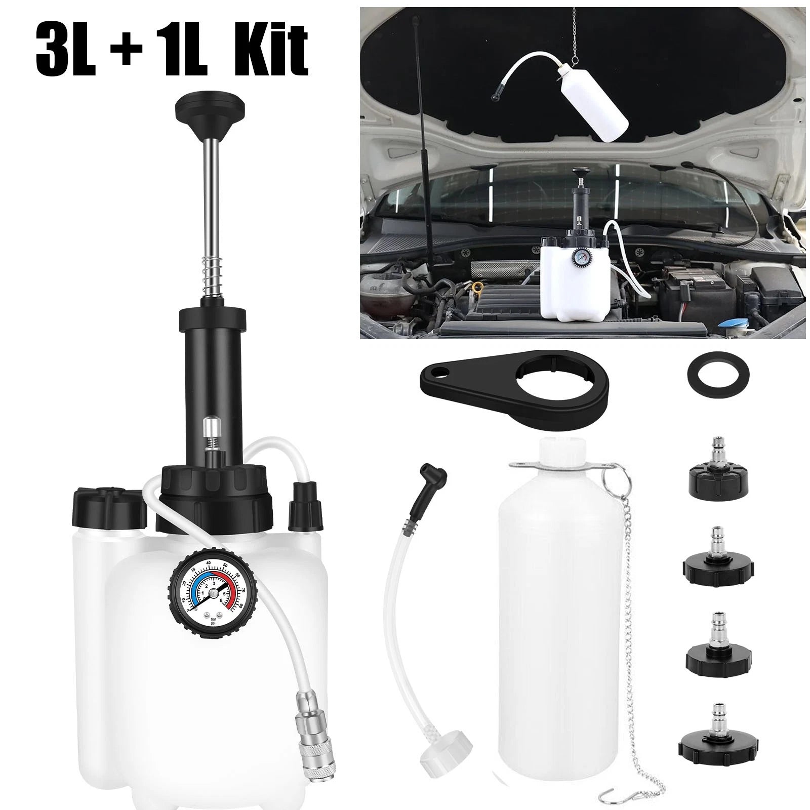 3L Brake Bleeder Kit Manual Fluid Pump with 4 Master Cylinder Adapters 1L Bottle
