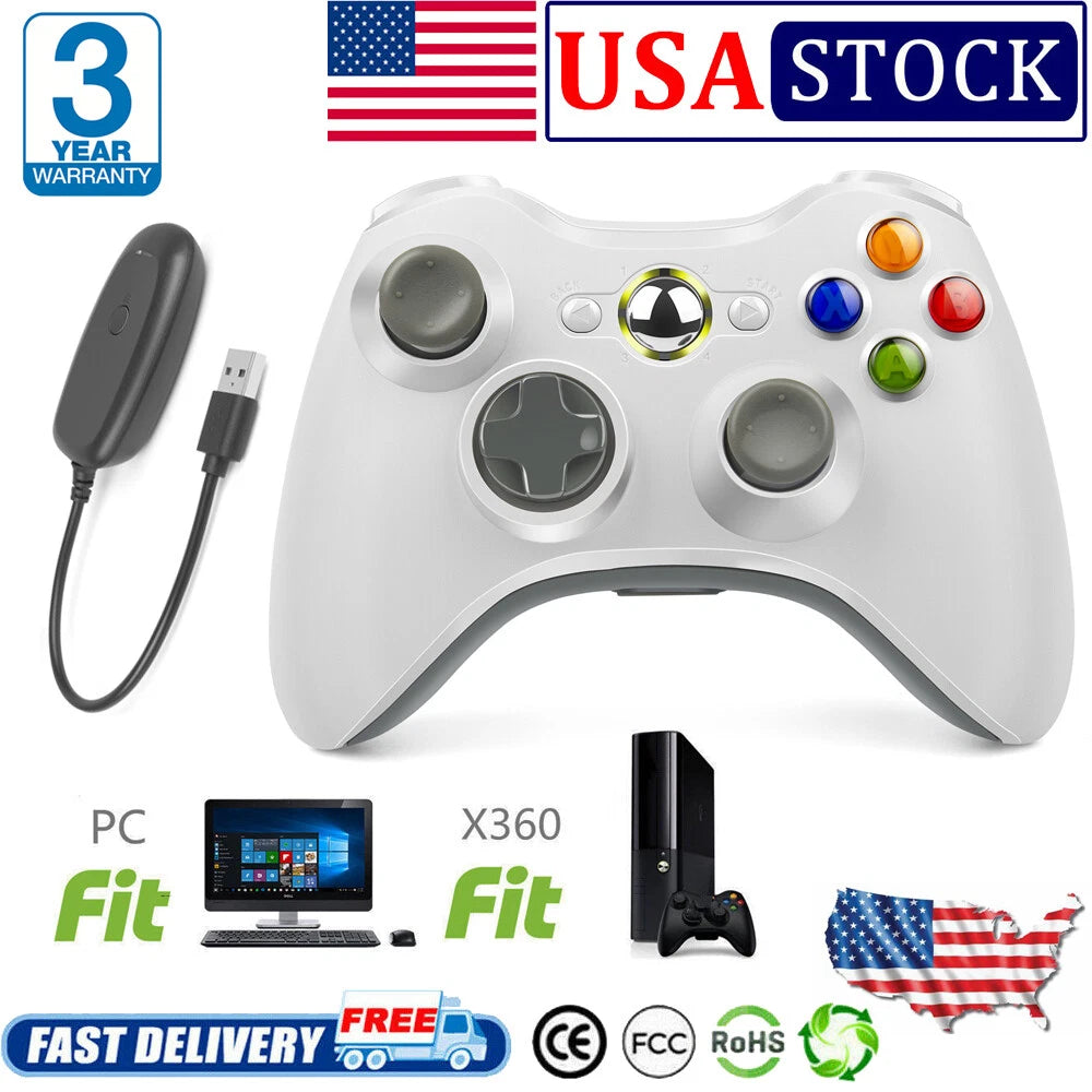 Wireless Controller for PC Windows & Microsoft Xbox 360 USB Dual Vibration White