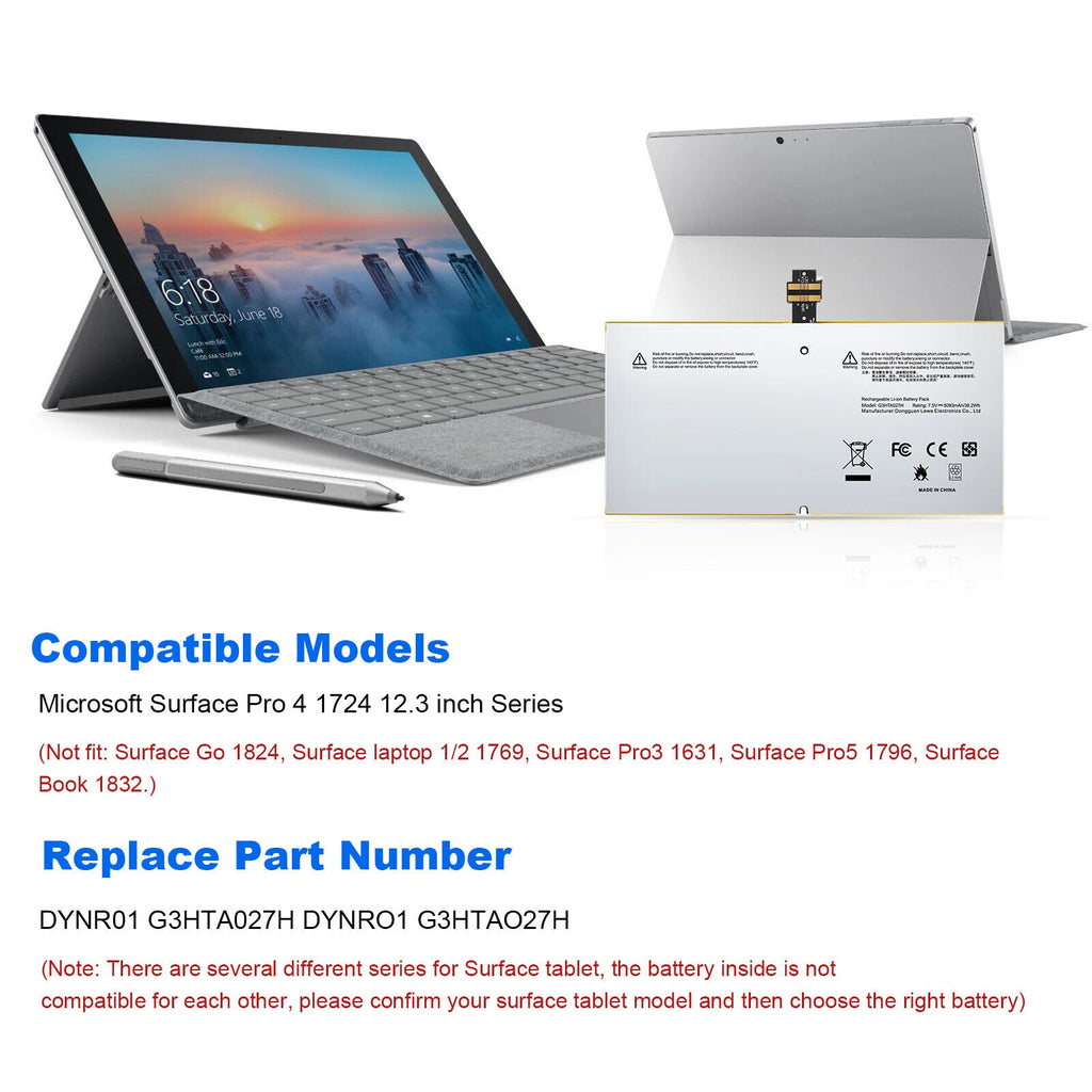 G3HTA027H Battery for Microsoft Surface Pro 4 1724 12.3" Tablet Core i5 DYNR01