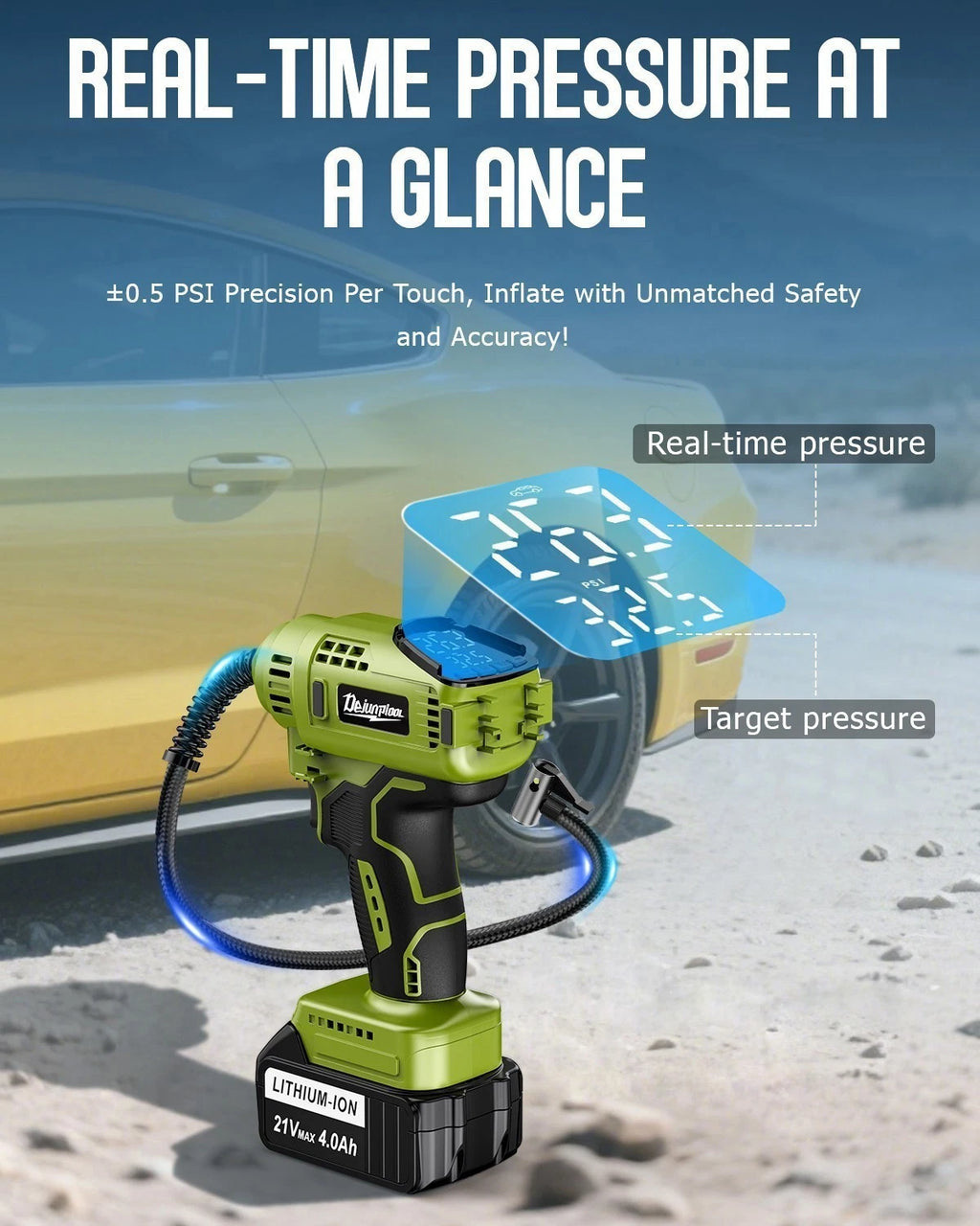 Cordless Tire Inflator Air Compressor Car Pump with Rechargeable Battery Pack