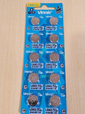 10 VINNIC Alkaline Batteries L1142F LR43 AG12 1.5V Expire 03/2027
