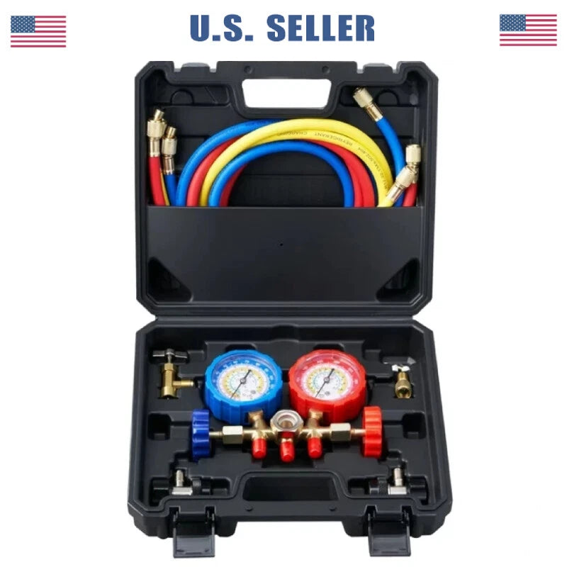 AC Manifold Gauge Set 3 Ways For R134A R22 R12 R502 Refrigeration Charging Hose