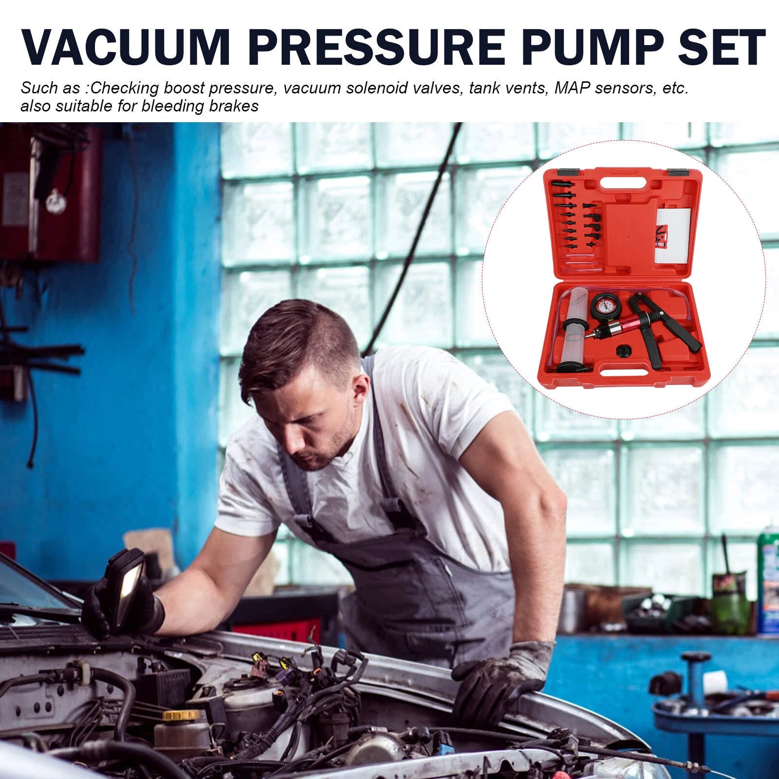 23Pcs Hand Held Vacuum and Pressure Pump Tester Tool Brake Bleeder Kit + Case