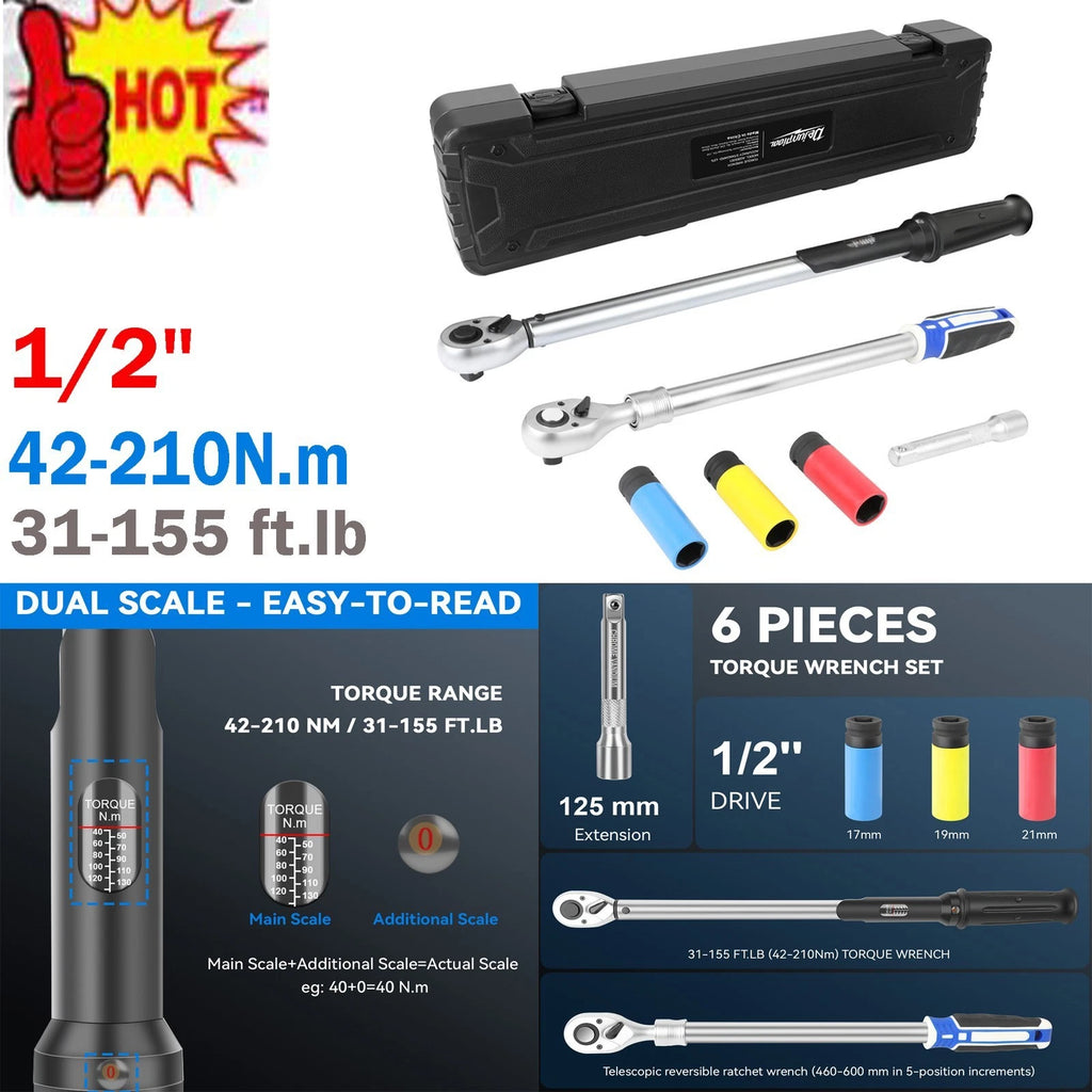 1/2" 42-210Nm Torque Wrench W/ Socket 17/19/21mm For Car Bicycle Adjustable 2026