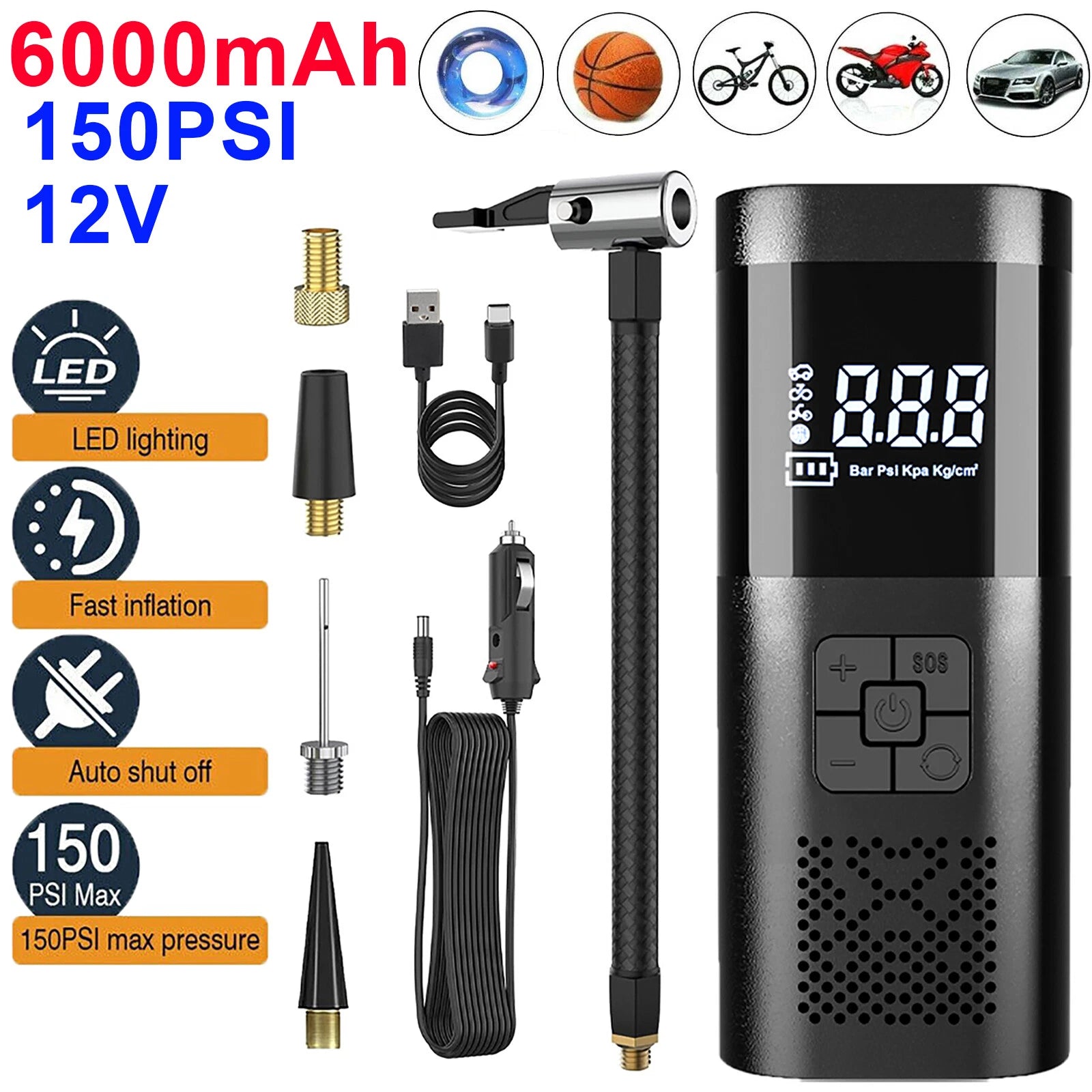 Cordless Tire Inflator Air Compressor Air Pump 6000mAh Rechargeable Battery