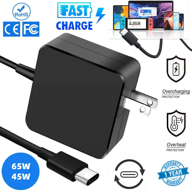 USB-C Type C Charger for Laptop Chromebook Tablet Phone 45w 65w Universal Charge