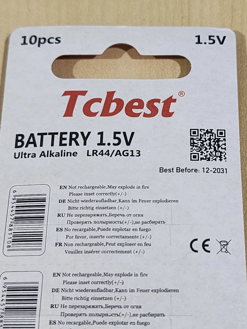 10 piece LR44 Tcbest 1.5v A76 L1154 AG13 357 New Alkaline Battery Expire 12/2031