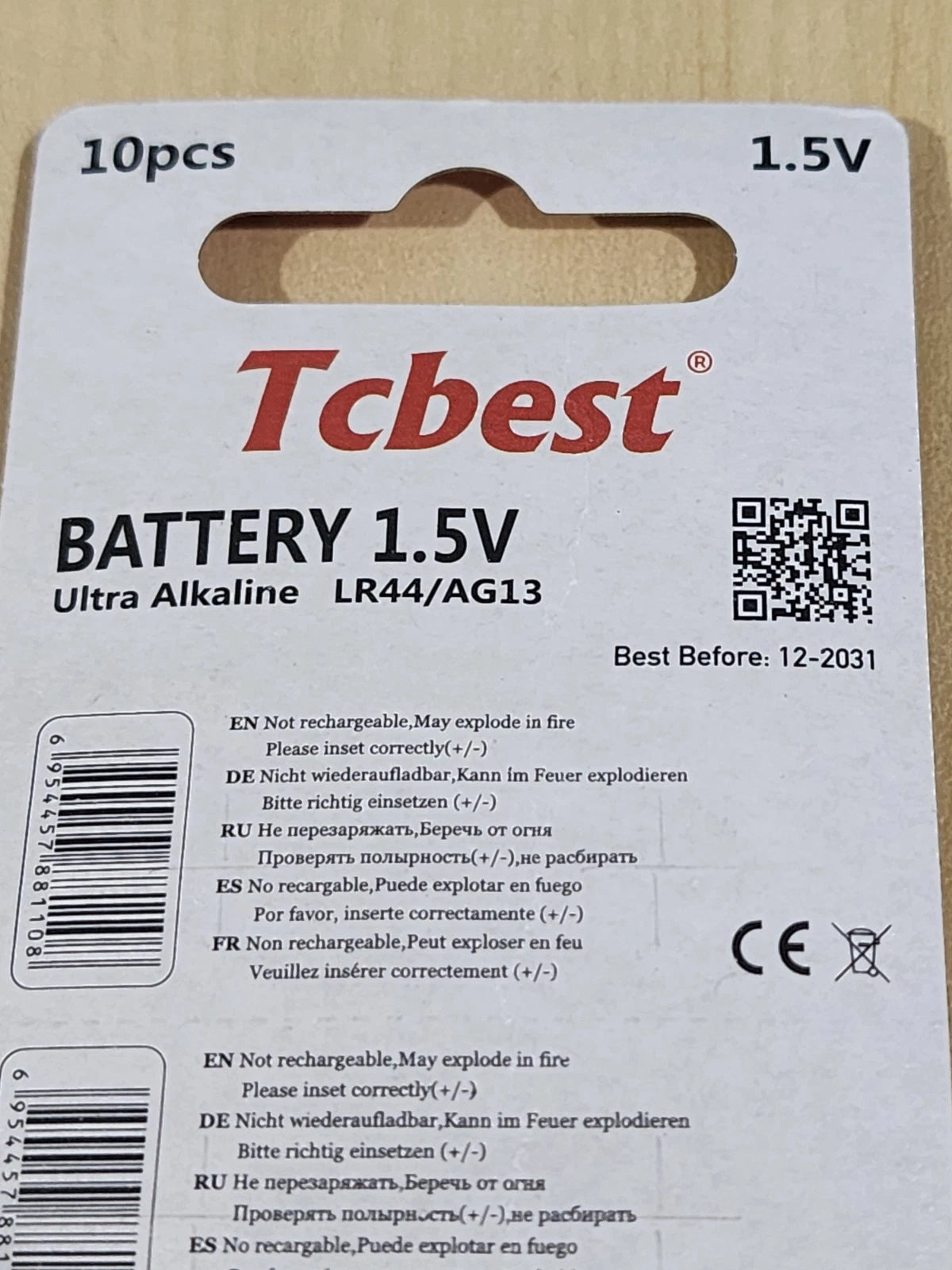 10 piece LR44 Tcbest 1.5v A76 L1154 AG13 357 New Alkaline Battery Expire 12/2031