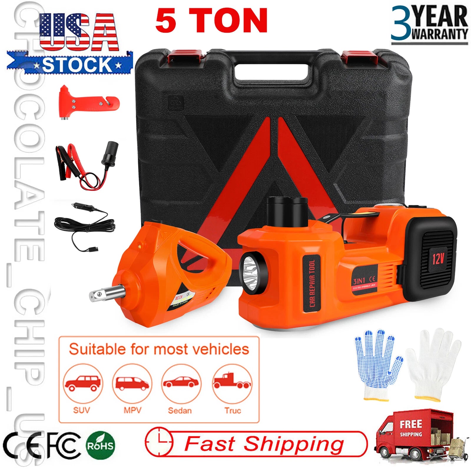 Electric 12V Car Jack 3/5Ton Floor Jack Lift w/ Impact Wrench Tire Inflator Pump