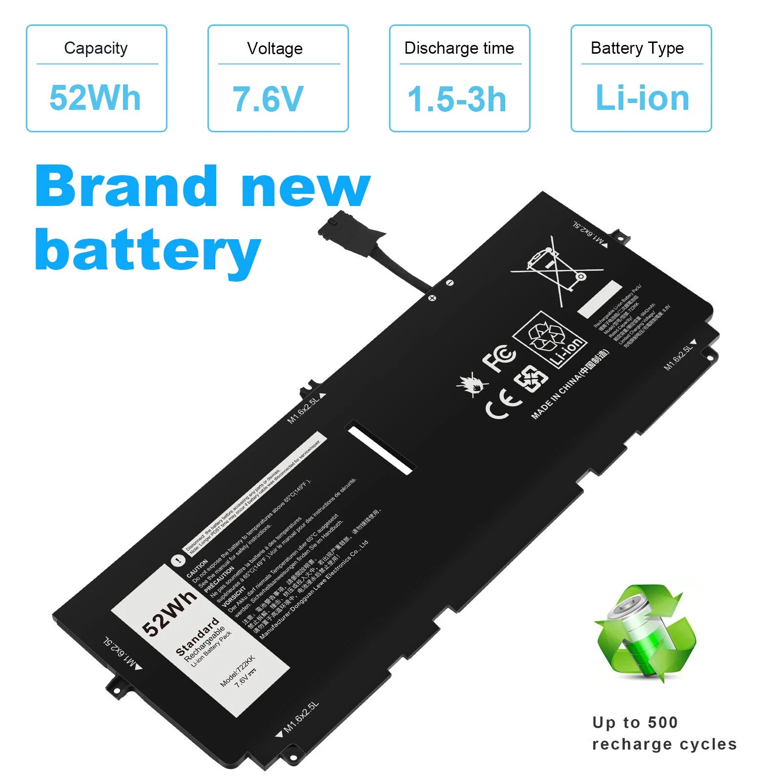722KK Laptop Battery for Dell XPS 13 9300 9310 P117G001 2XXFW FP86V WN0N0 52Wh