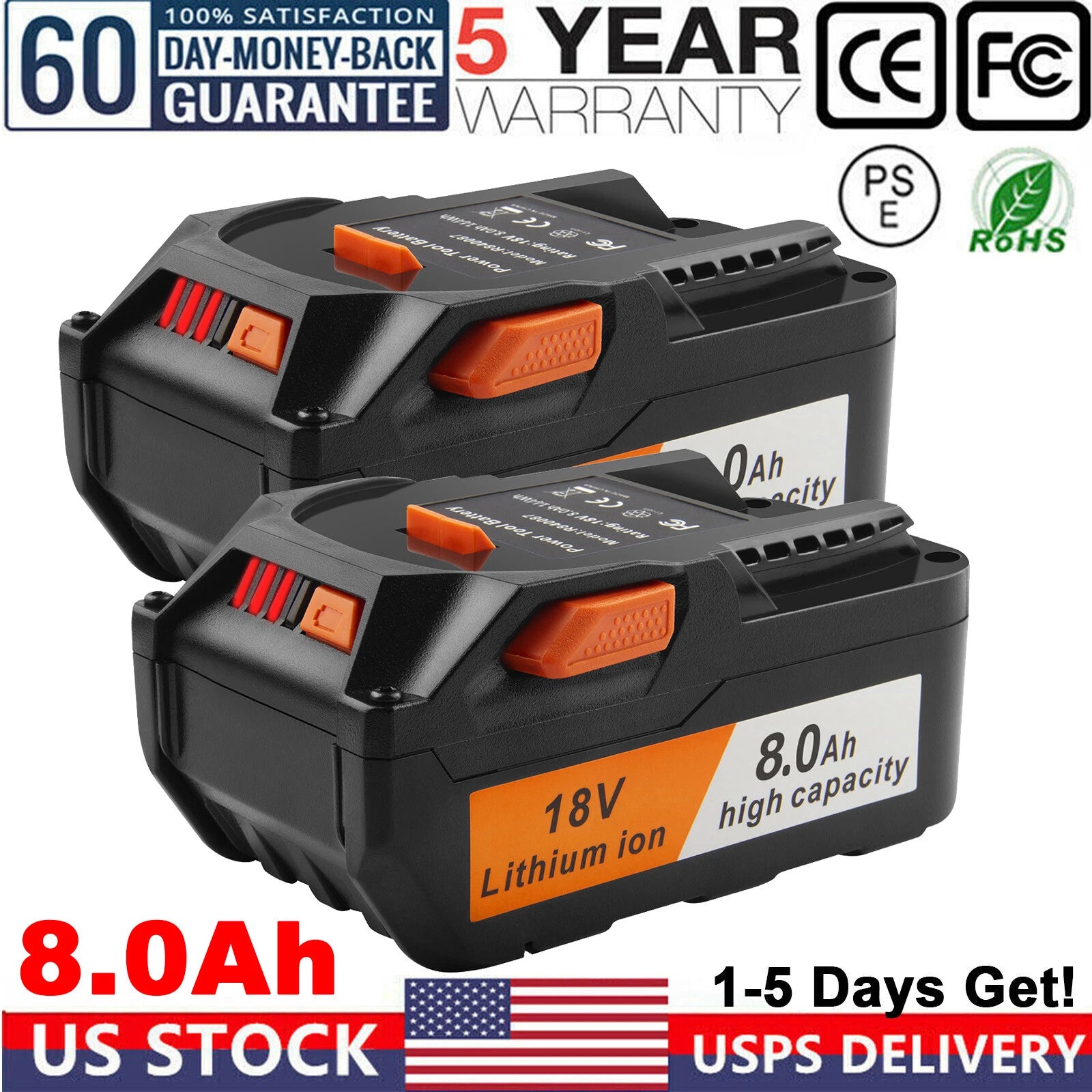 2pack For Ridgid R840085 8.0Ah Li-ion Battery Rigid 18 Volt R840087 Power Tools