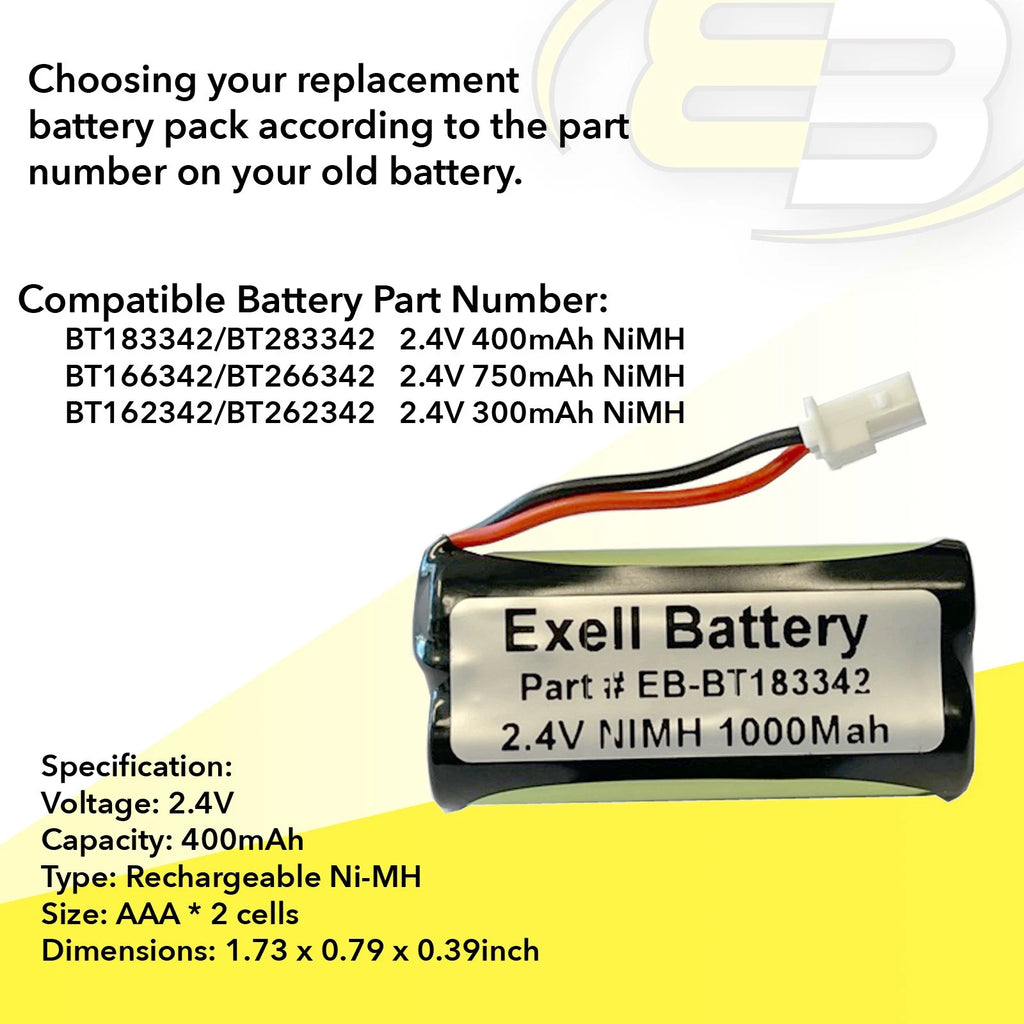 Exell 2.4V 1000mAh Ni-MH Battery Pack for Cordless Phones BT166342/BT266342