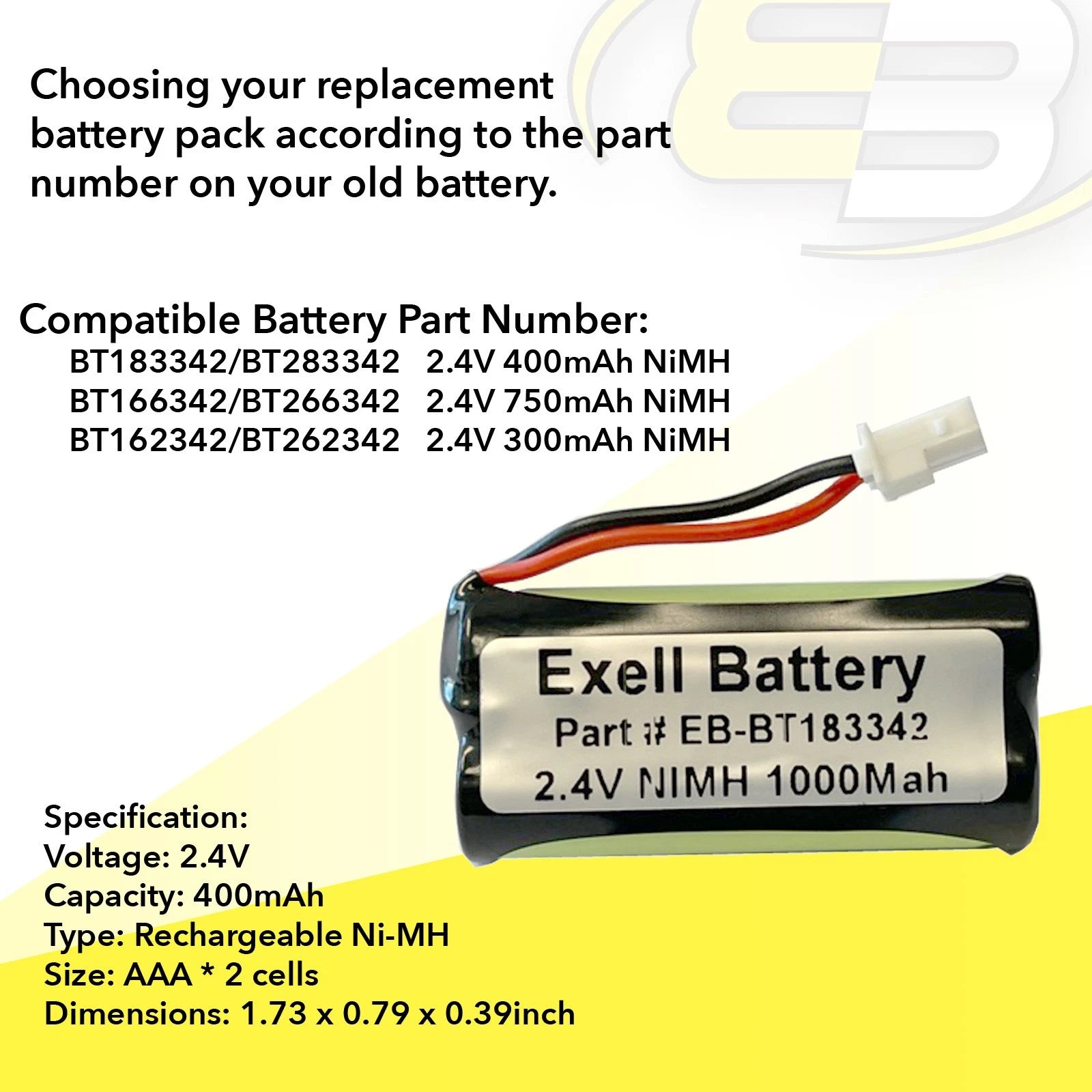 Exell 2.4V 1000mAh Ni-MH Battery Pack for Cordless Phones BT166342/BT266342