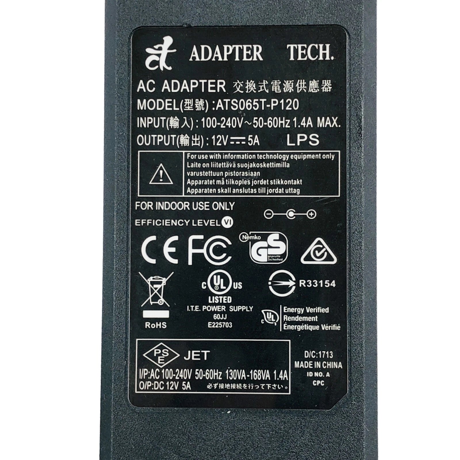 NEW Genuine AC Adapter 60W Adapter Tech ATS065T-P120 Power Supply 12V 5A OEM