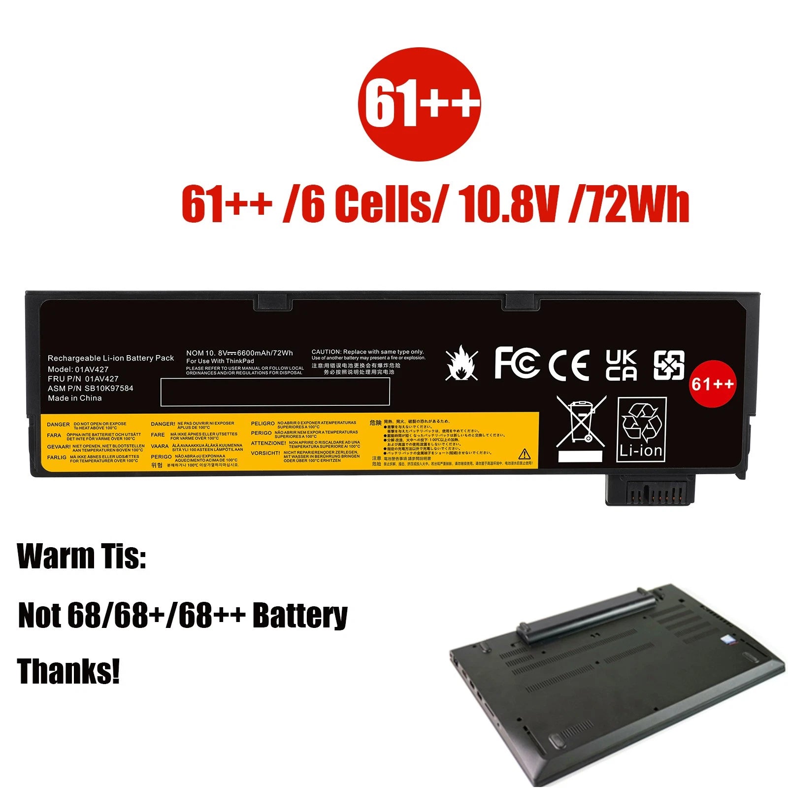 61++ Battery for Lenovo ThinkPad T470 T480 T570 T580 01AV422 01AV423 01AV426 NEW
