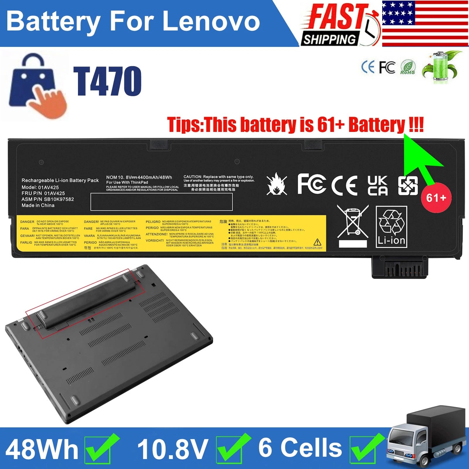 ?61+ Battery For Lenovo Thinkpad T470 T480 T570 T580 P51s 01AV427 01AV423 48Wh