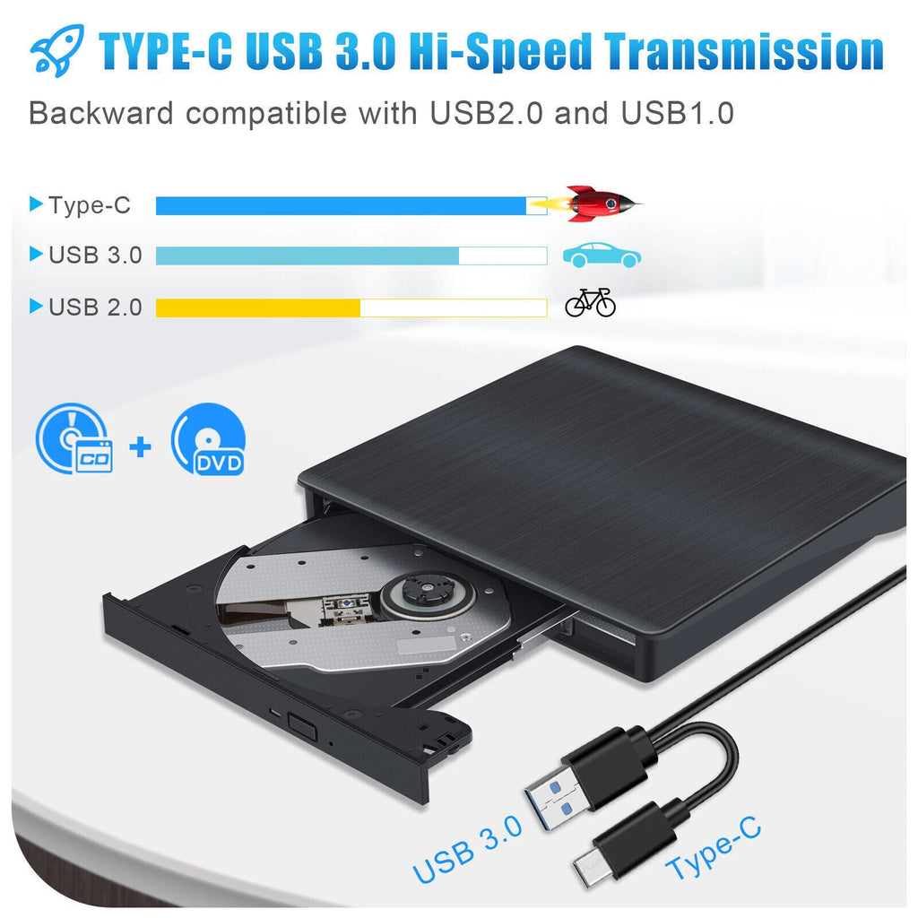7 in 1 External CD/DVD RW Drive USB 3.0 Writer Burner Player Black For Laptop PC