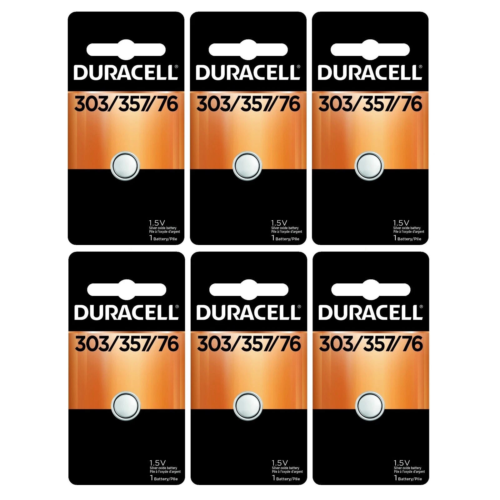 6 x 303/357 Duracell Silver Oxide Batteries (AG13, SR44, SR44W, EPX76, 76B)