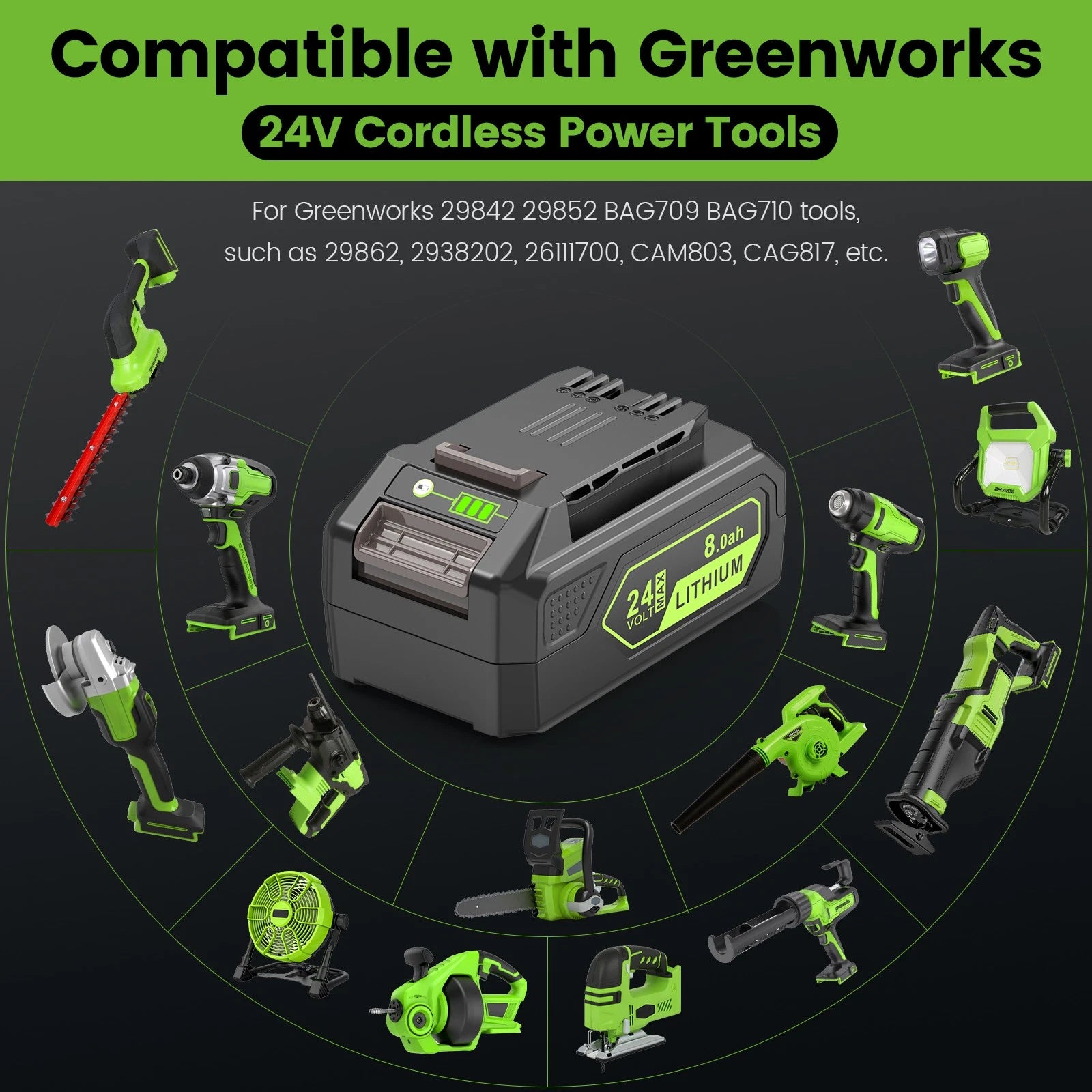 8.0Ah Battery For GreenWorks 24 Volt Replacement Lithium 29842 29852 LB24A020