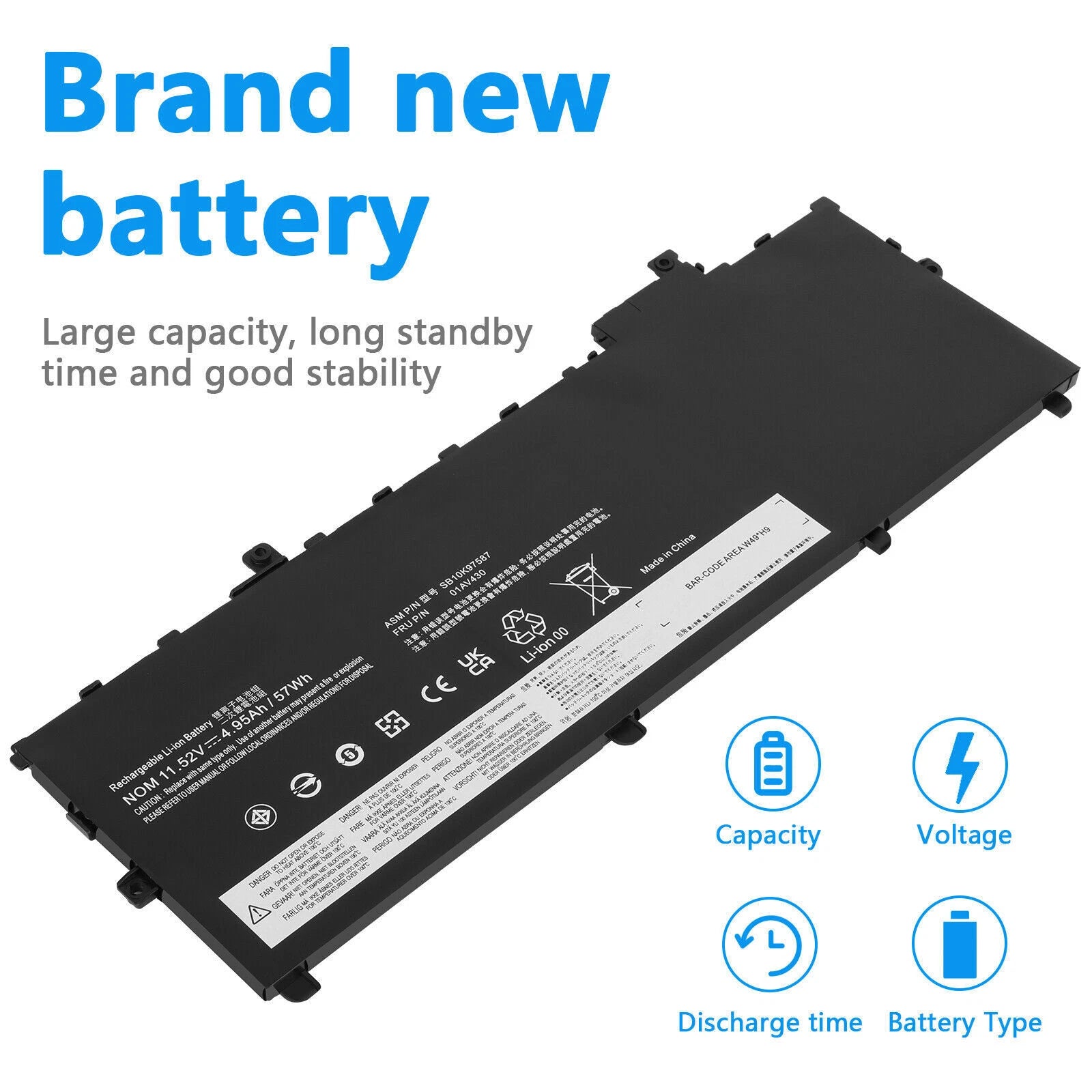 Battery for Lenovo 01AV430 01AV431 01AV494 ThinkPad X1 Carbon 2017 2018 57Wh