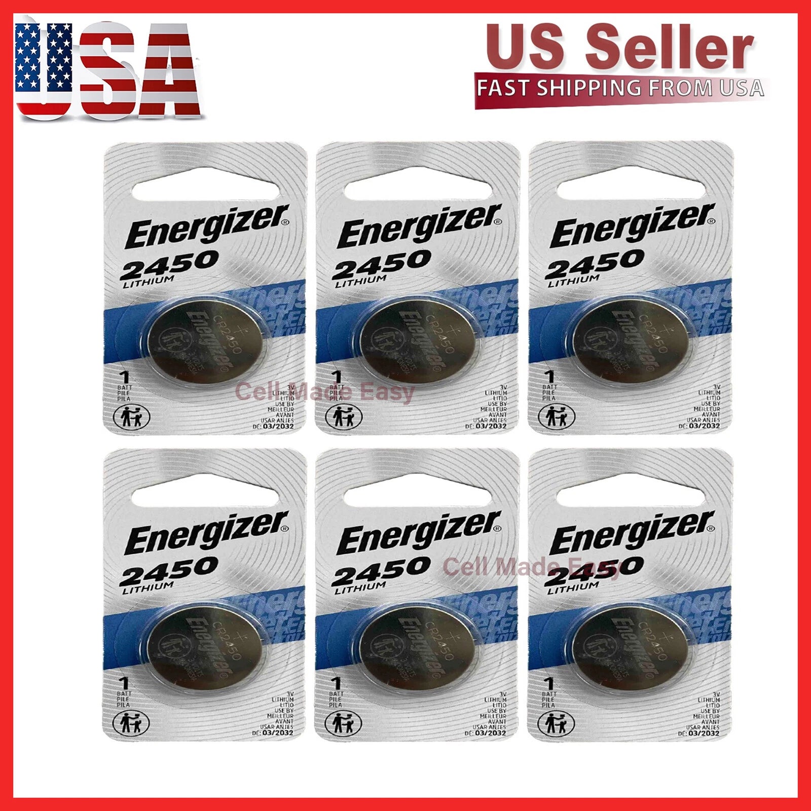 6 Pack New Fresh Energizer ECR2450 CR2450 BR2450 Lithium 3V Battery Exp 03/2032