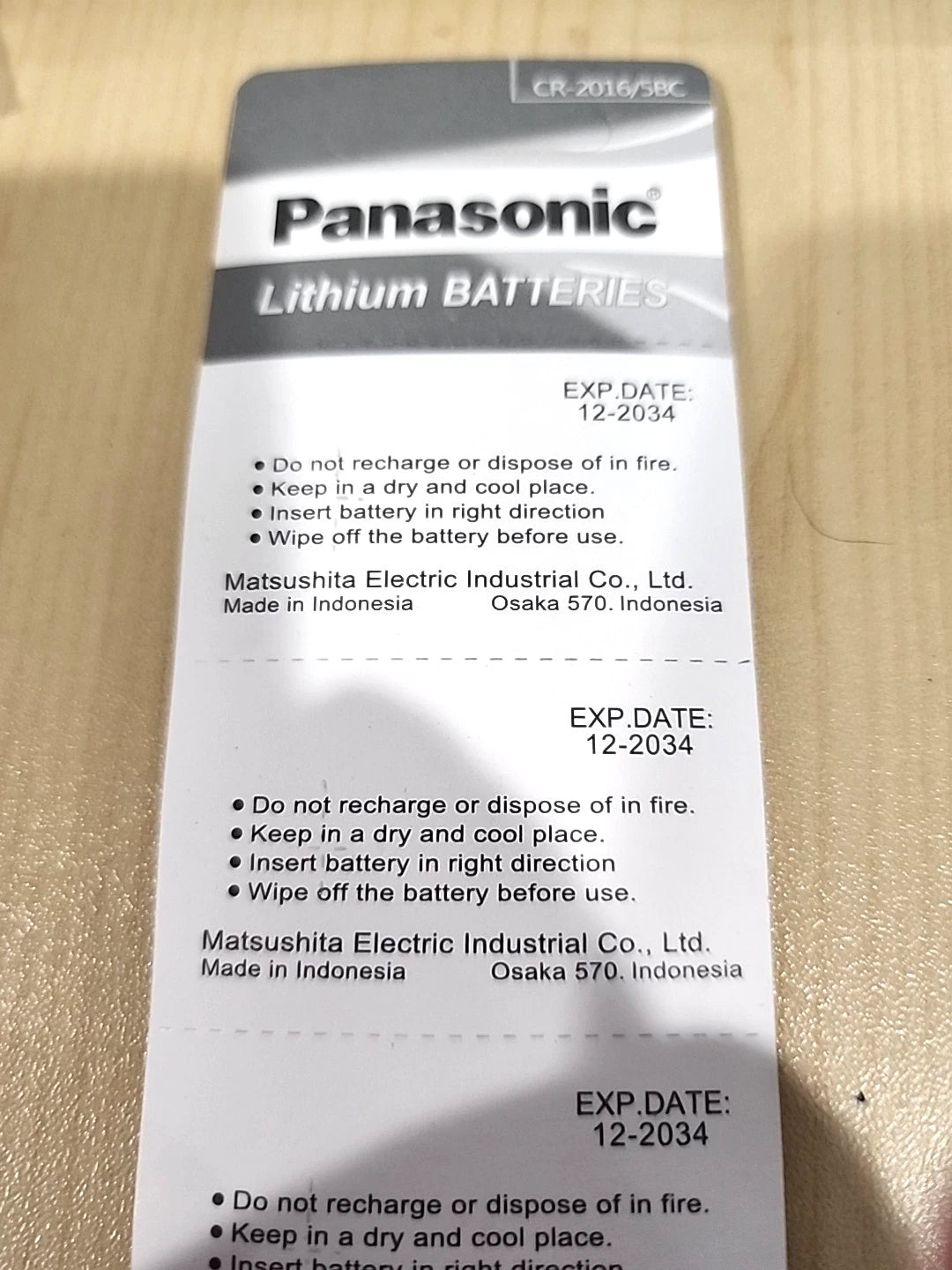 5 pc CARDED PANASONIC CR2016 cr 2016 lithium 3v battery EXP 2034