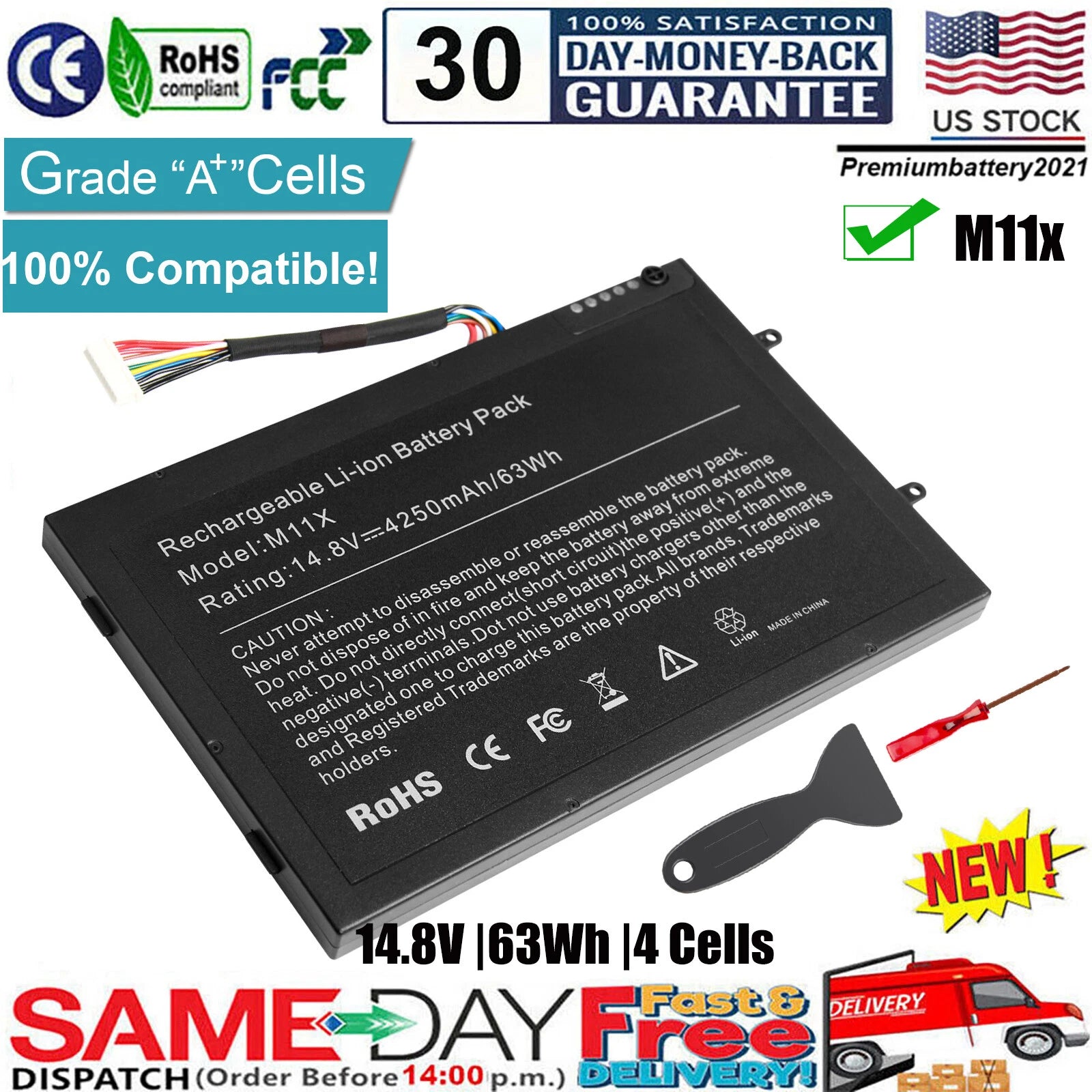 4 Cells Laptop Battery For Dell Alienware M11x M14x R2 R3 P06T P06T001 P18G00 PR