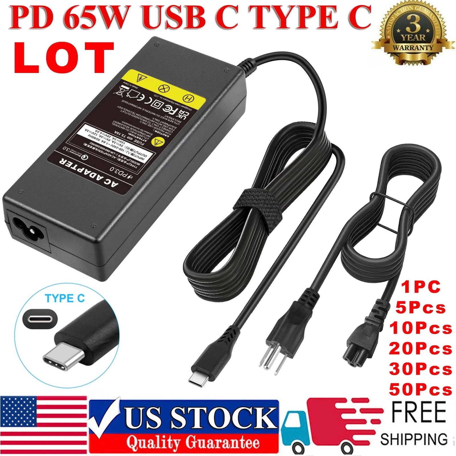 Lot 65W USB C TypeC Laptop AC Adapter Charger for Dell Acer HP Lenovo Chromebook
