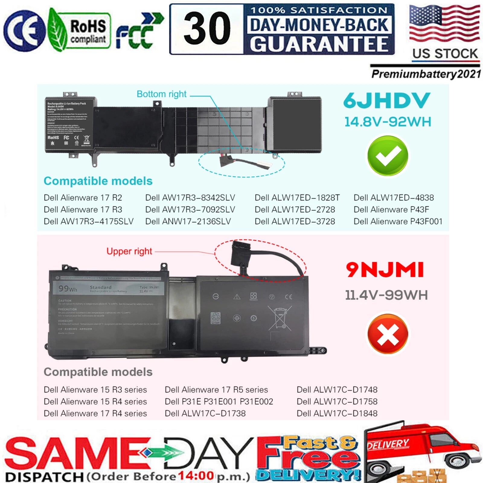 ?6JHDV Battery For Dell Alienware 17 R2 R3 6JHCY ALW17ED-2728 ALW17ED-4718 92Wh