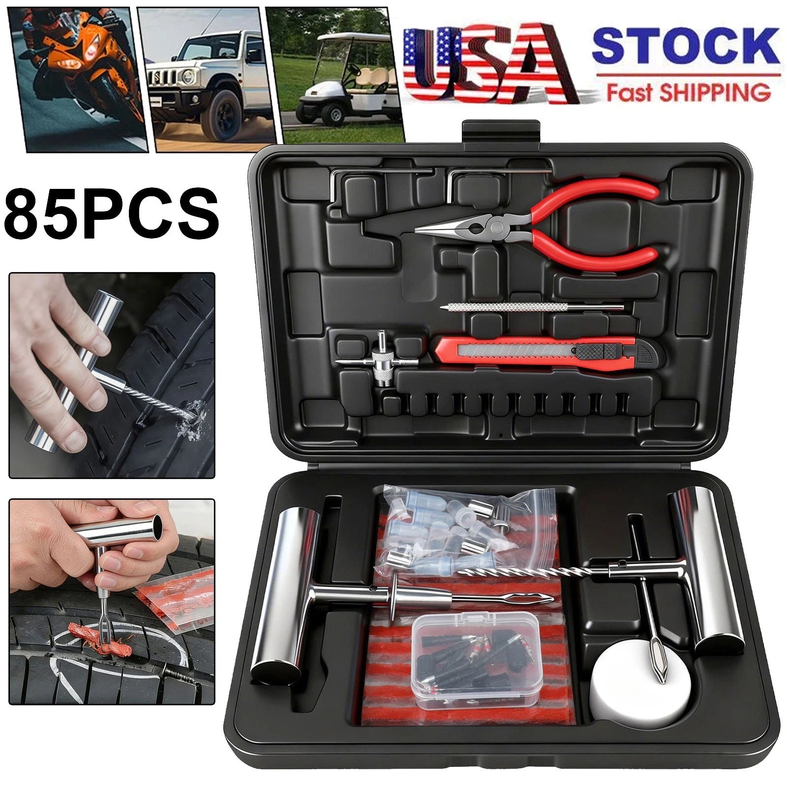 Tire Repair Kit Plug Car Truck Motorcycle Home DIY Flat Puncture Patch Tool Set