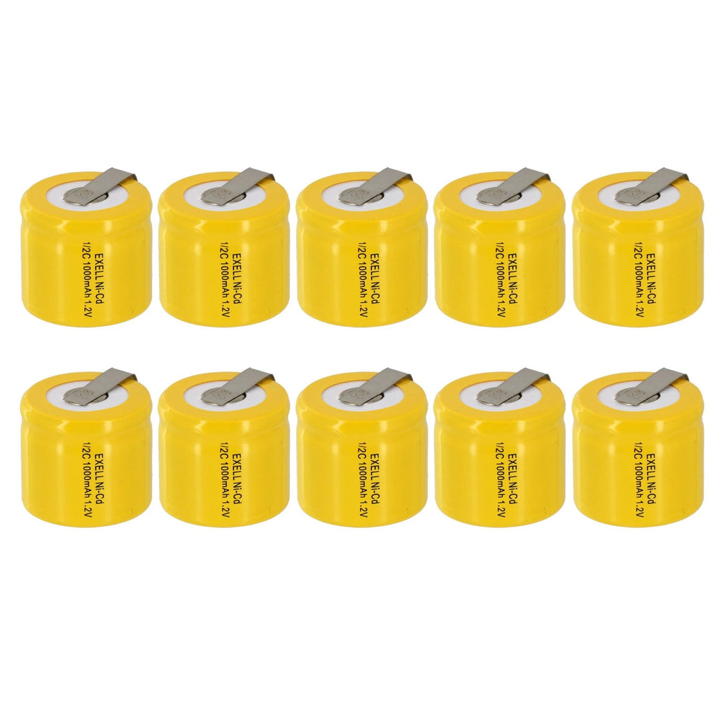 10x Exell 1/2C NiCD 1000mAh 1.2V Flat top Rechargeable Battery with Tabs
