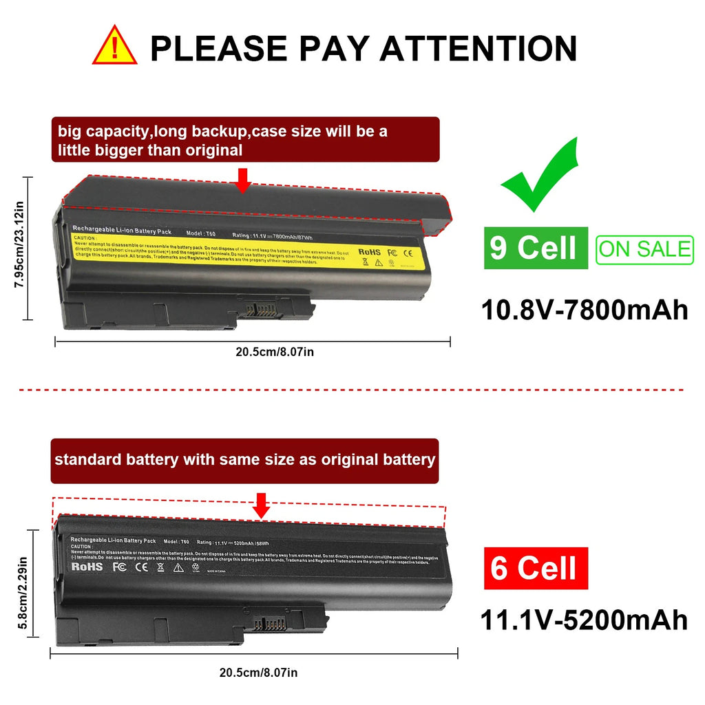 LOT T60 Battery For IBM Lenovo Thinkpad T61 T61p R61 R500 R61i R61e T500 7800mAh
