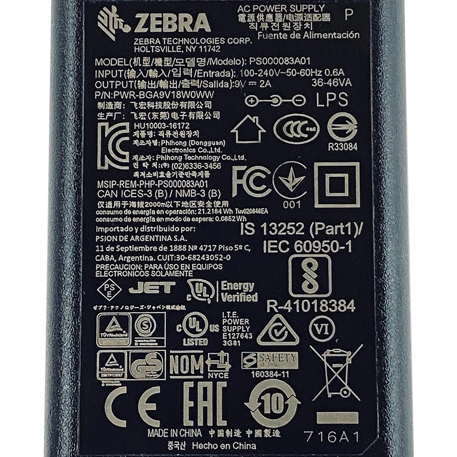 NEW Genuine Zebra AC Adapter P/N PWR-BGA9V18W0WW Power Supply 9V 2A
