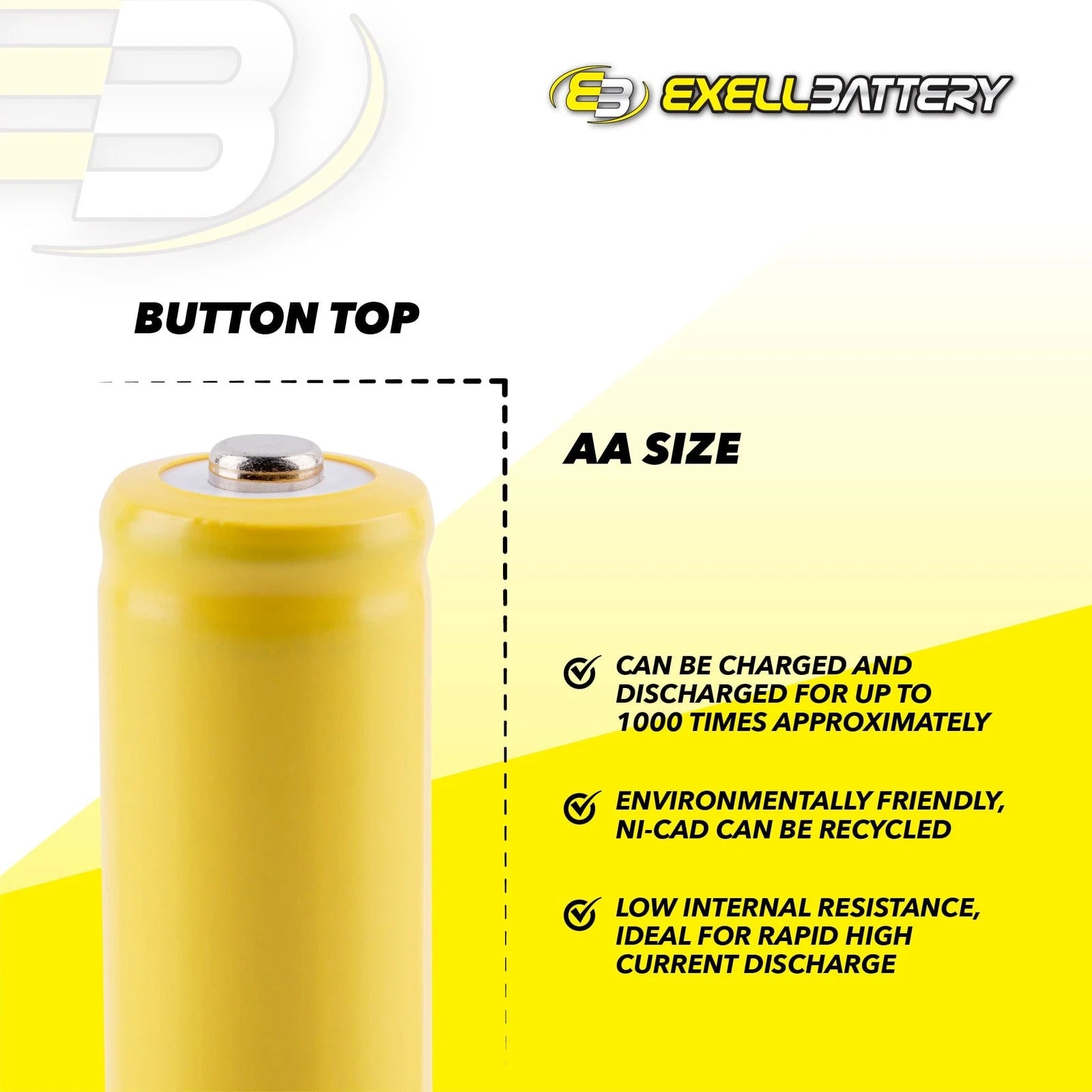 50x Exell AA 1.2V 1000mAh NiCD Button Top Rechargeable Batteries For Lawn Lamps