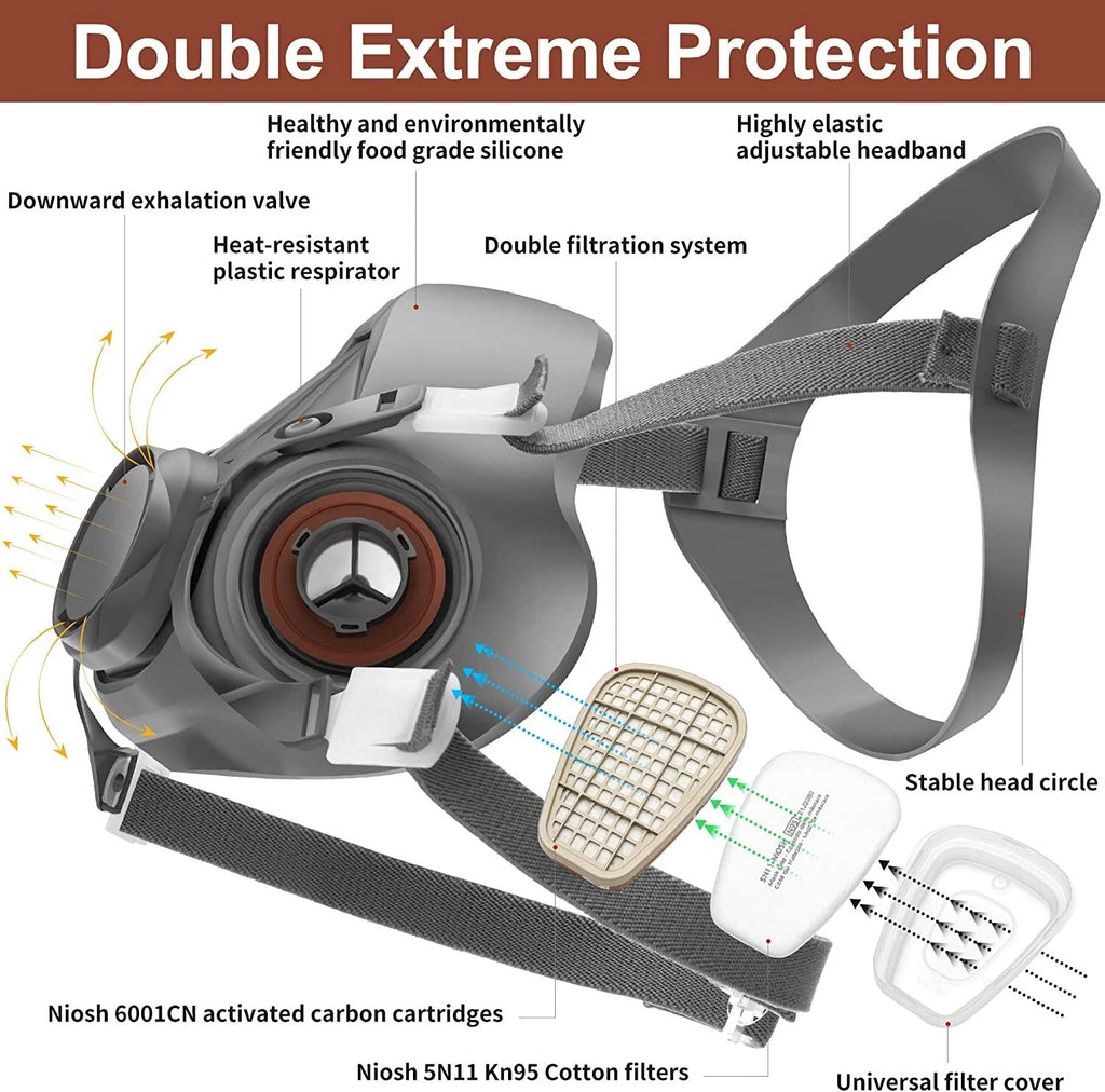 7in1 Half Face Gas Mask Facepiece Spray Painting Respirator Safety Suit For 6200