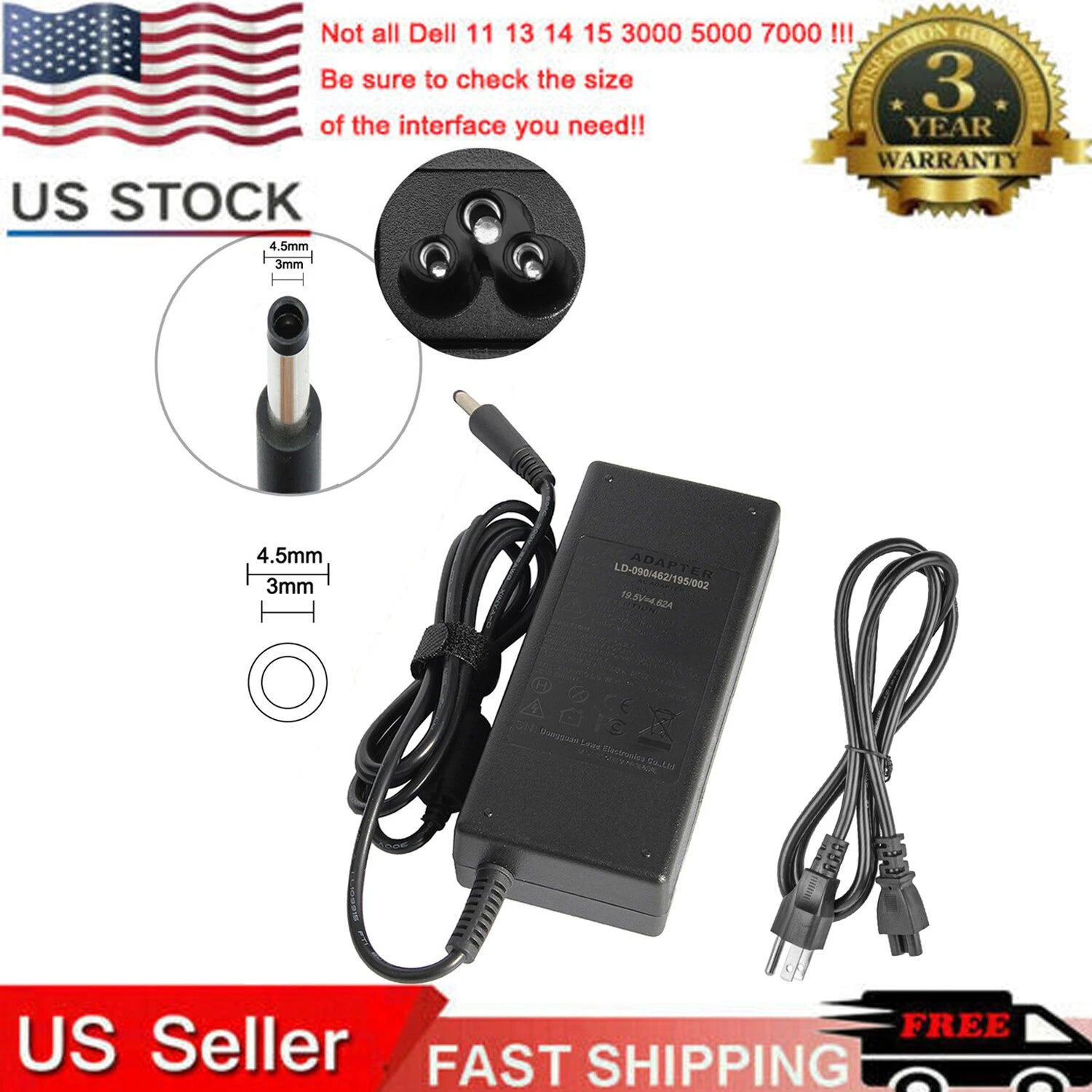 90W AC Adapter For Dell Inspiron 11 13 14 15 17 3000 5000 7000 Series Charger F