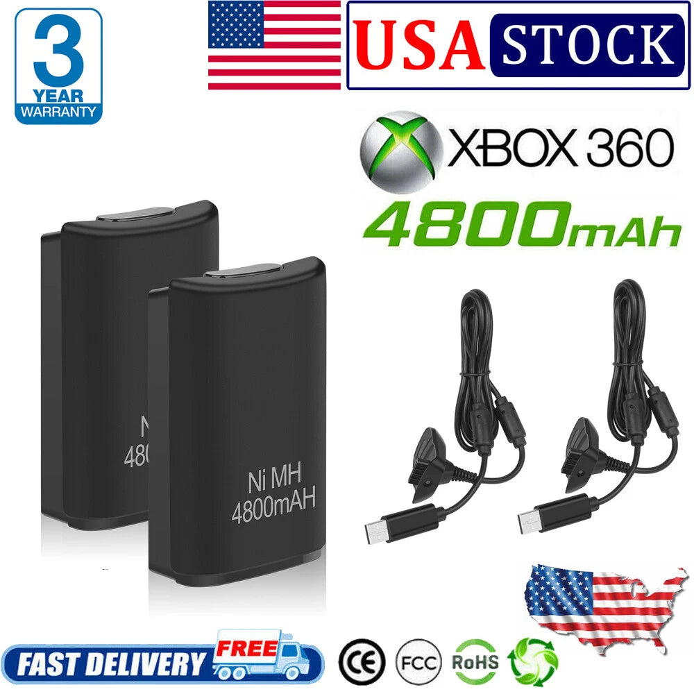 2pcs Battery Pack for Xbox 360 Remote Controller Ni-MH Rechargeable Battery USB
