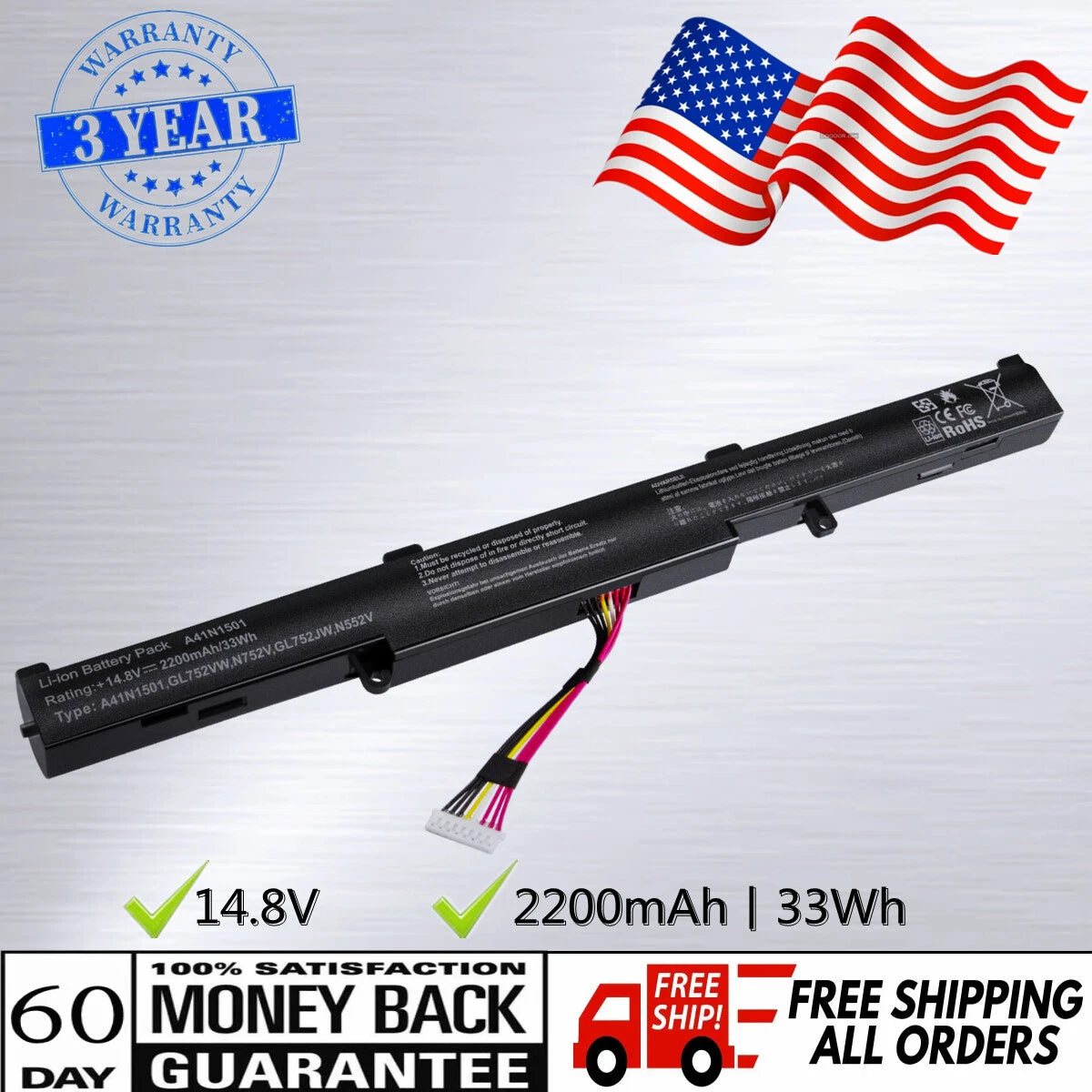Battery A41N1501 For ASUS N552V N552VW N752 N752V N752VW GL752 GL752V A41LK9H