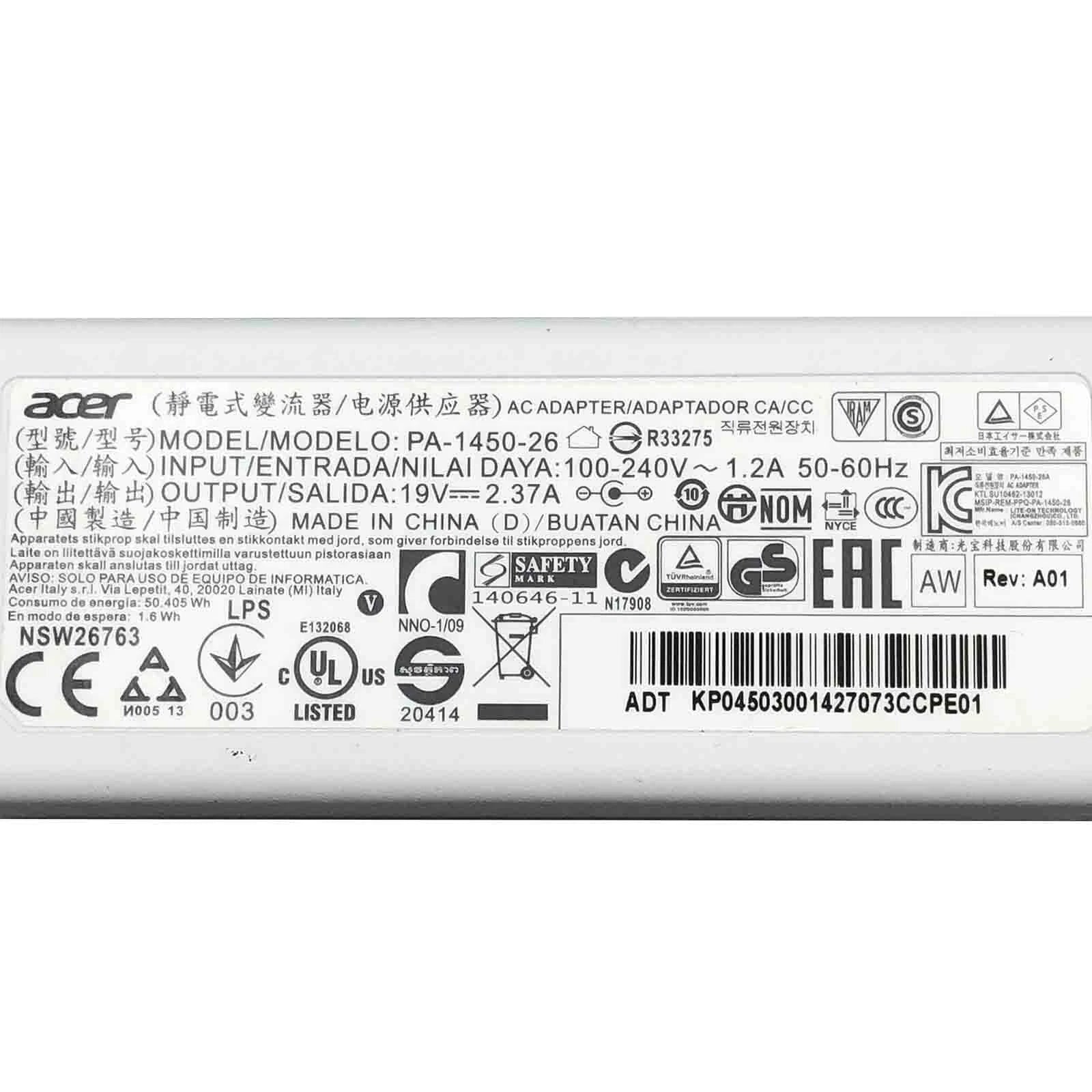 Open Box Genuine Acer Chromebook 13 CB5-311 White Laptop AC Adapter 45W