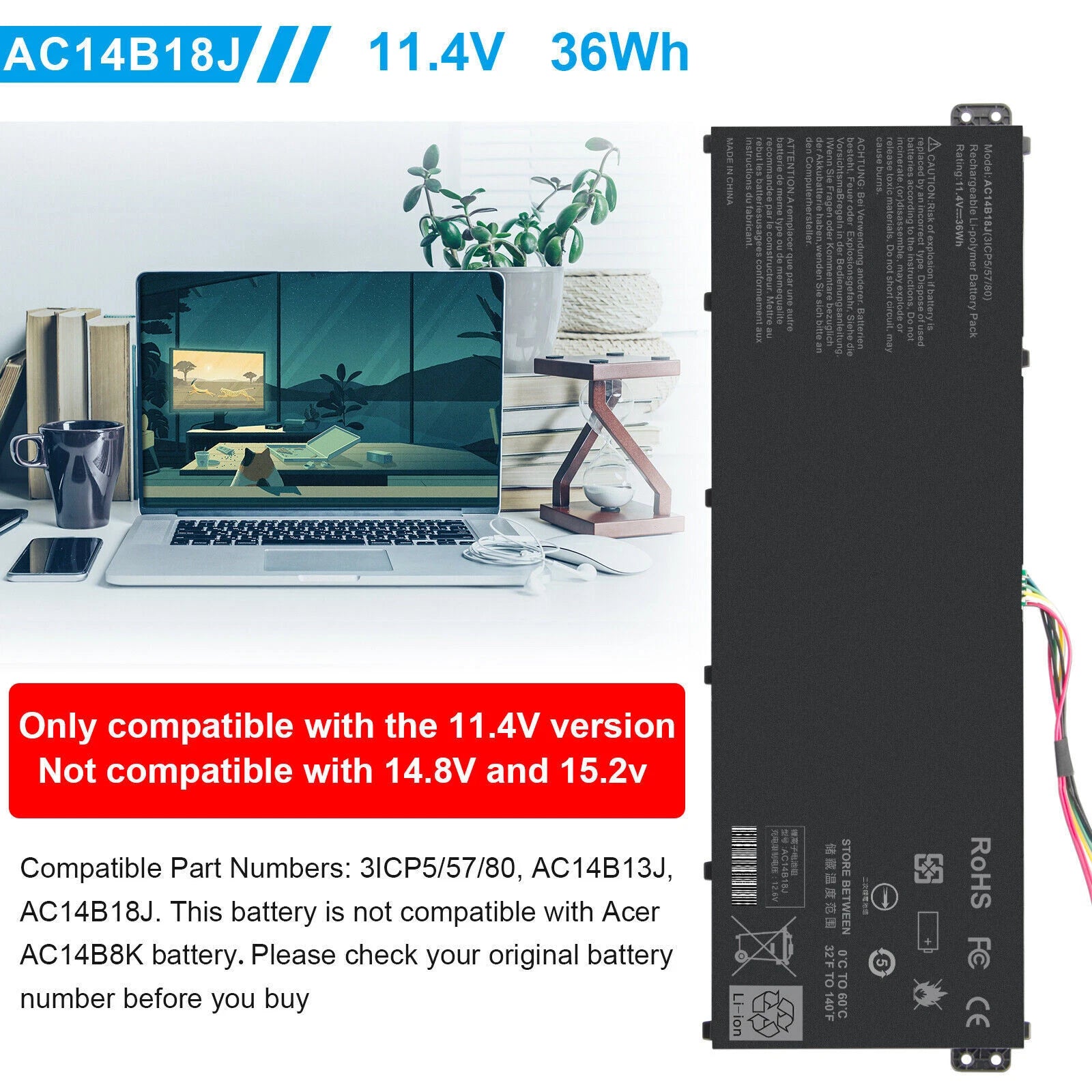 AC14B18J Battery for Acer Aspire ES1-511 ES1-512 V3-111 V3-111P CB5-311 Swift 3