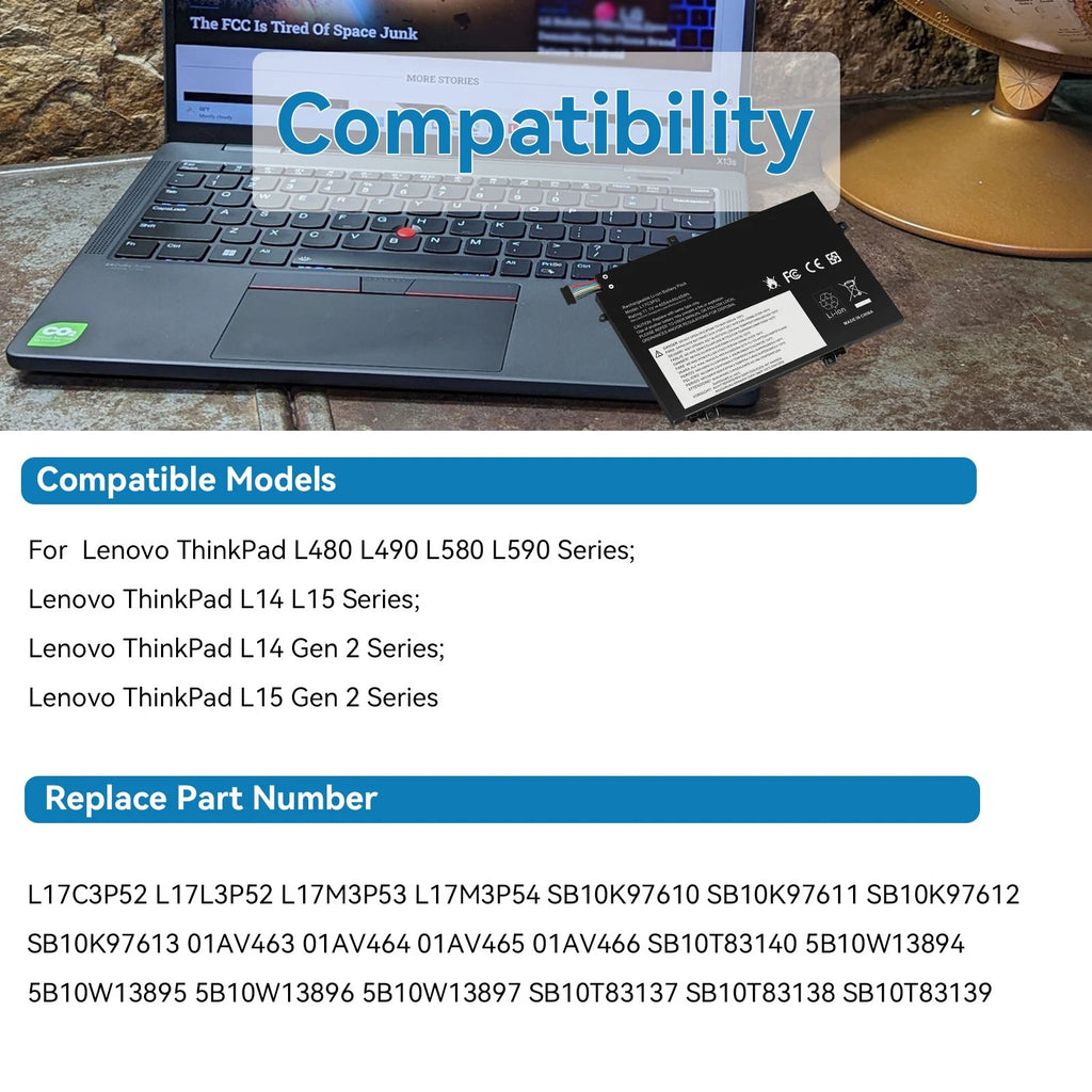 L17L3P52 L17C3P52 L17M3P53 Battery for Lenovo ThinkPad L480 L580 L14/L15 Gen 2